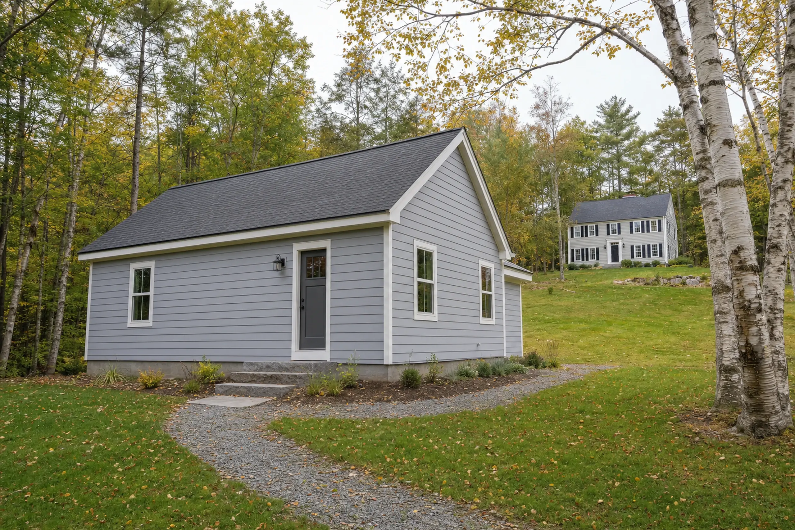 Gray single-story house with white trim in a grassy yard surrounded by trees and a larger house in background.