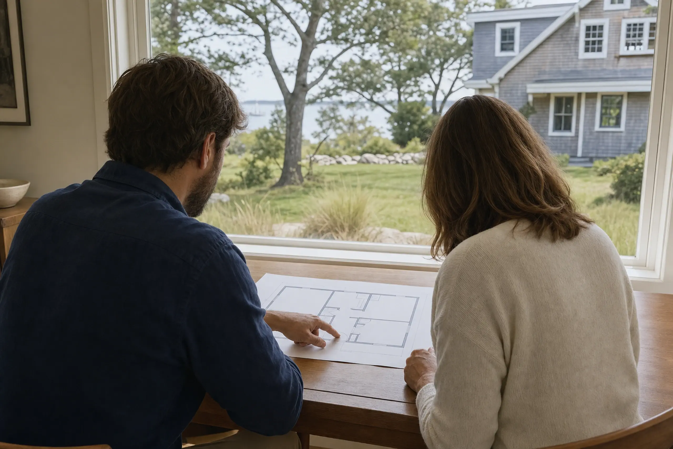 Two people sit at a wooden table inside, looking at a floor plan with a gray house and green yard outside.