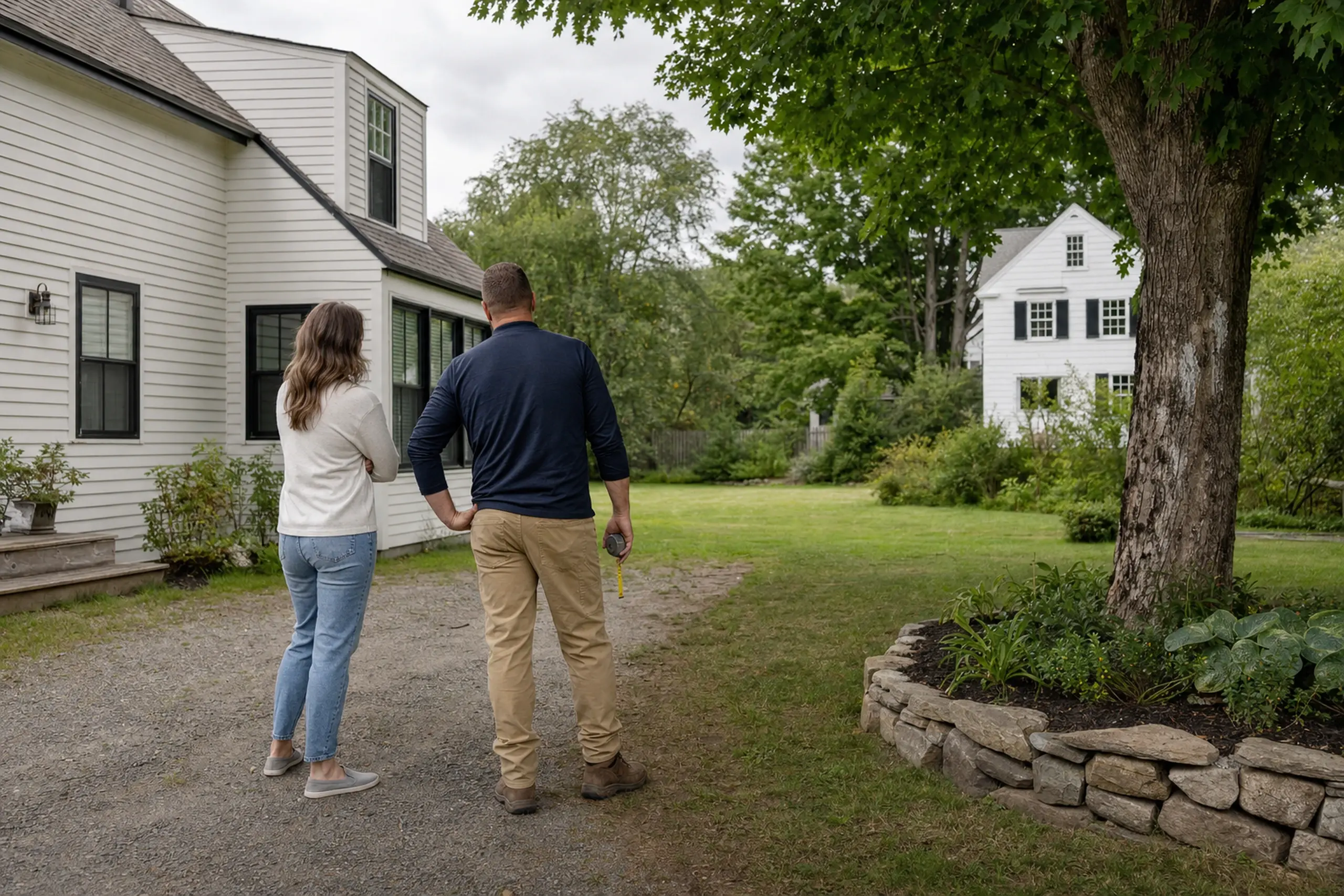 Two people stand on a gravel path near a white house with black window frames and a green yard.