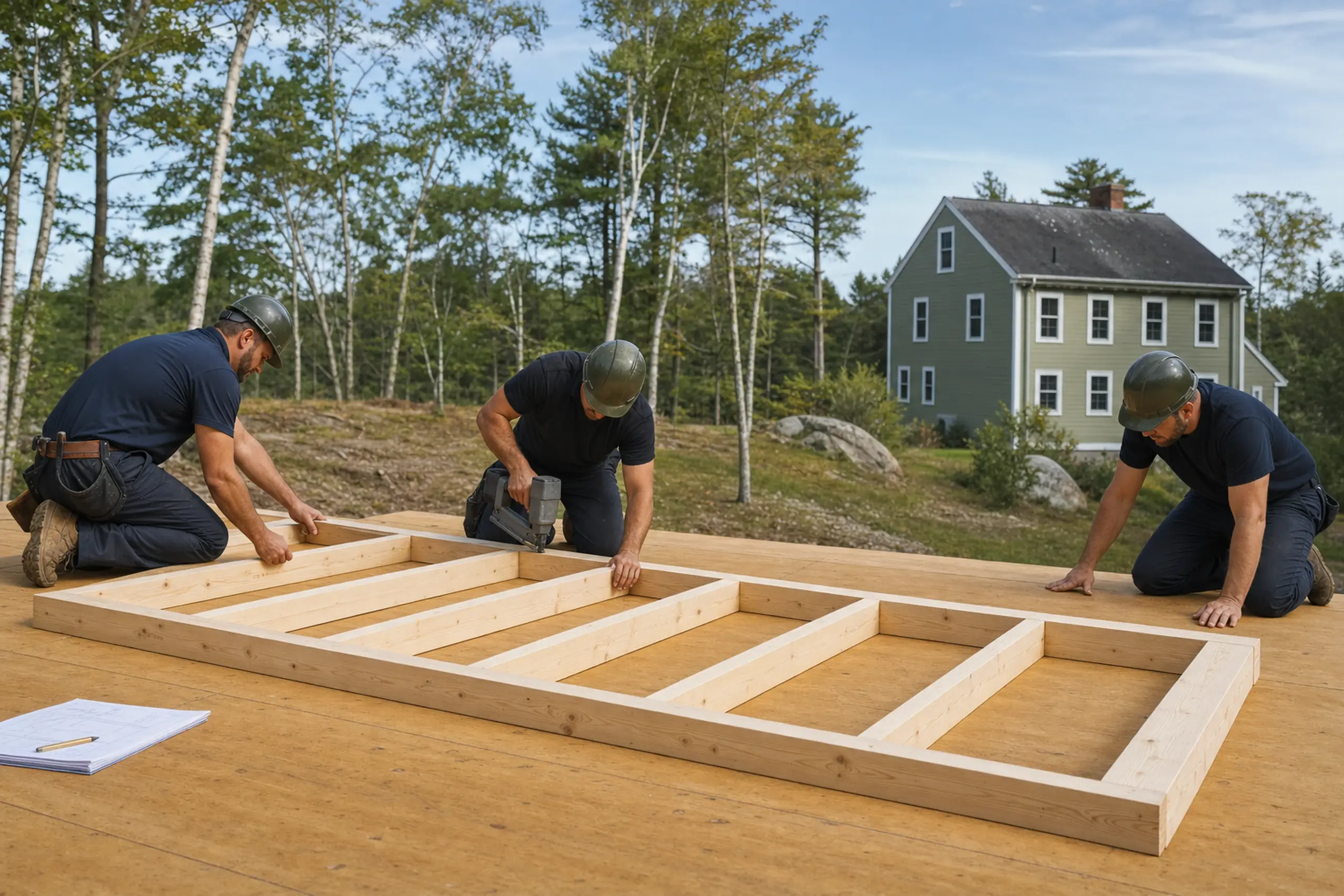 Three workers in helmets assembling a wooden frame on a plywood floor outdoors near a green house.
