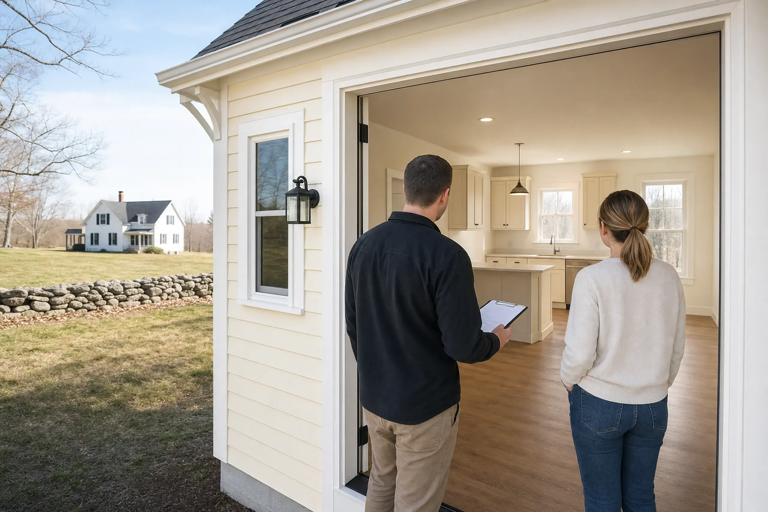 Two people stand at the open entrance of a cream-colored house with a visible kitchen inside.