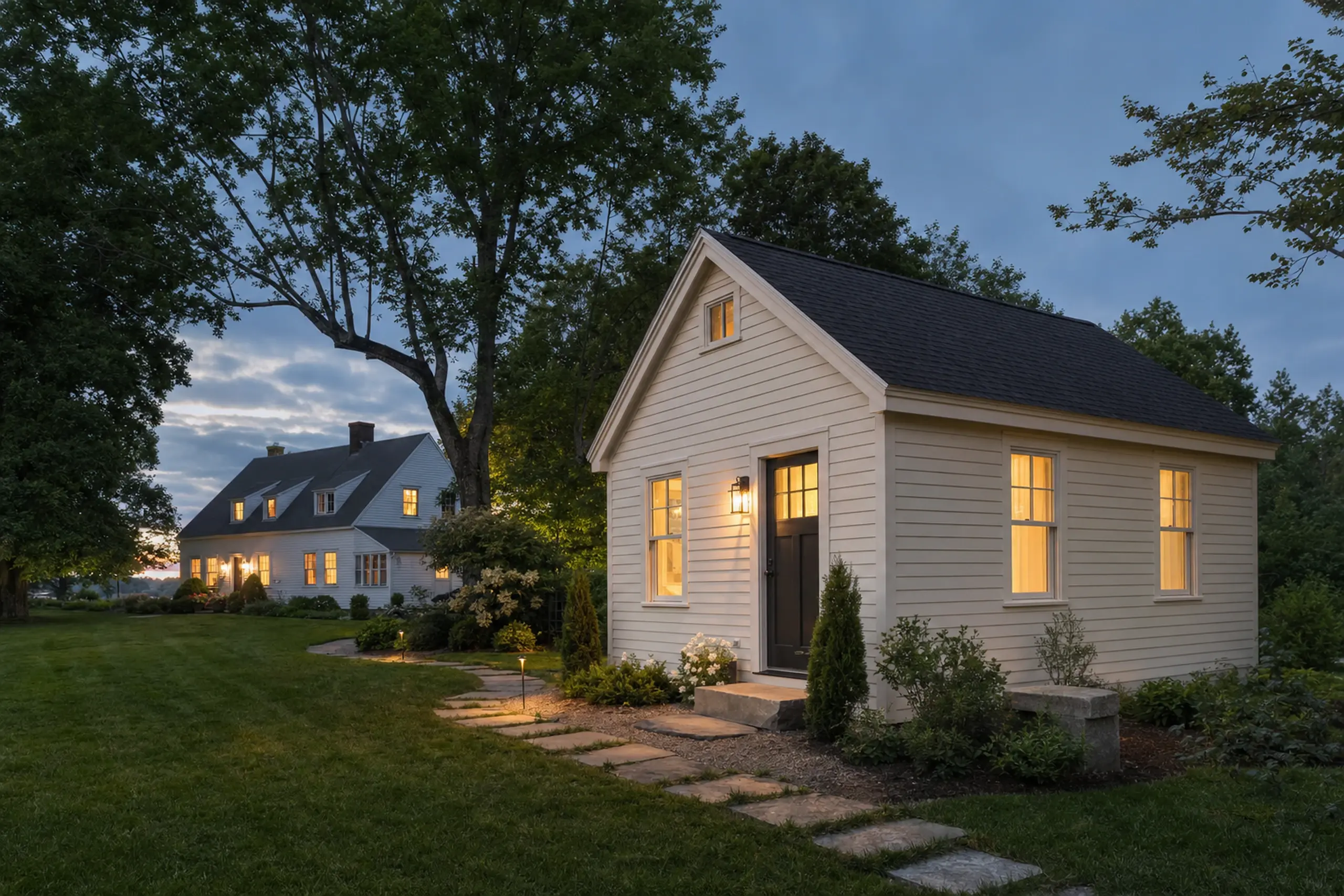 Two cream-colored houses with lit windows in a green yard at dusk.