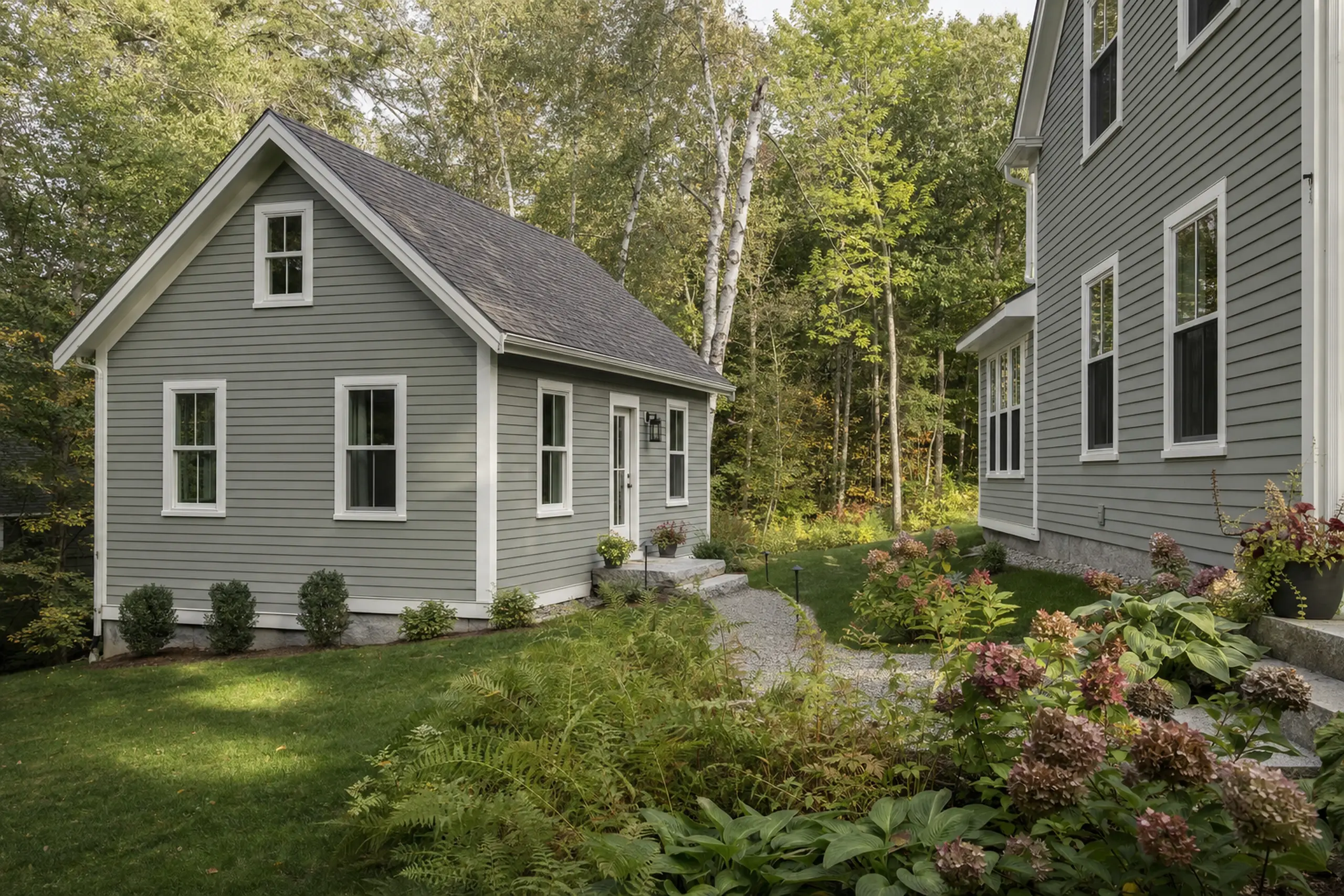 Two gray houses with white trim surrounded by green grass, plants, and trees in a natural setting.