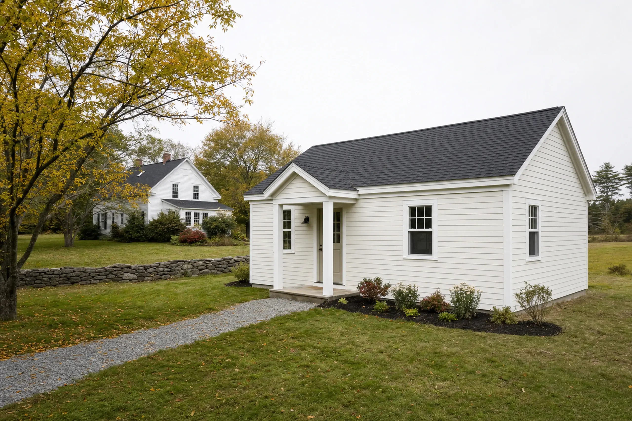 Small white house with black roof and front porch in a grassy yard with trees and stone wall.