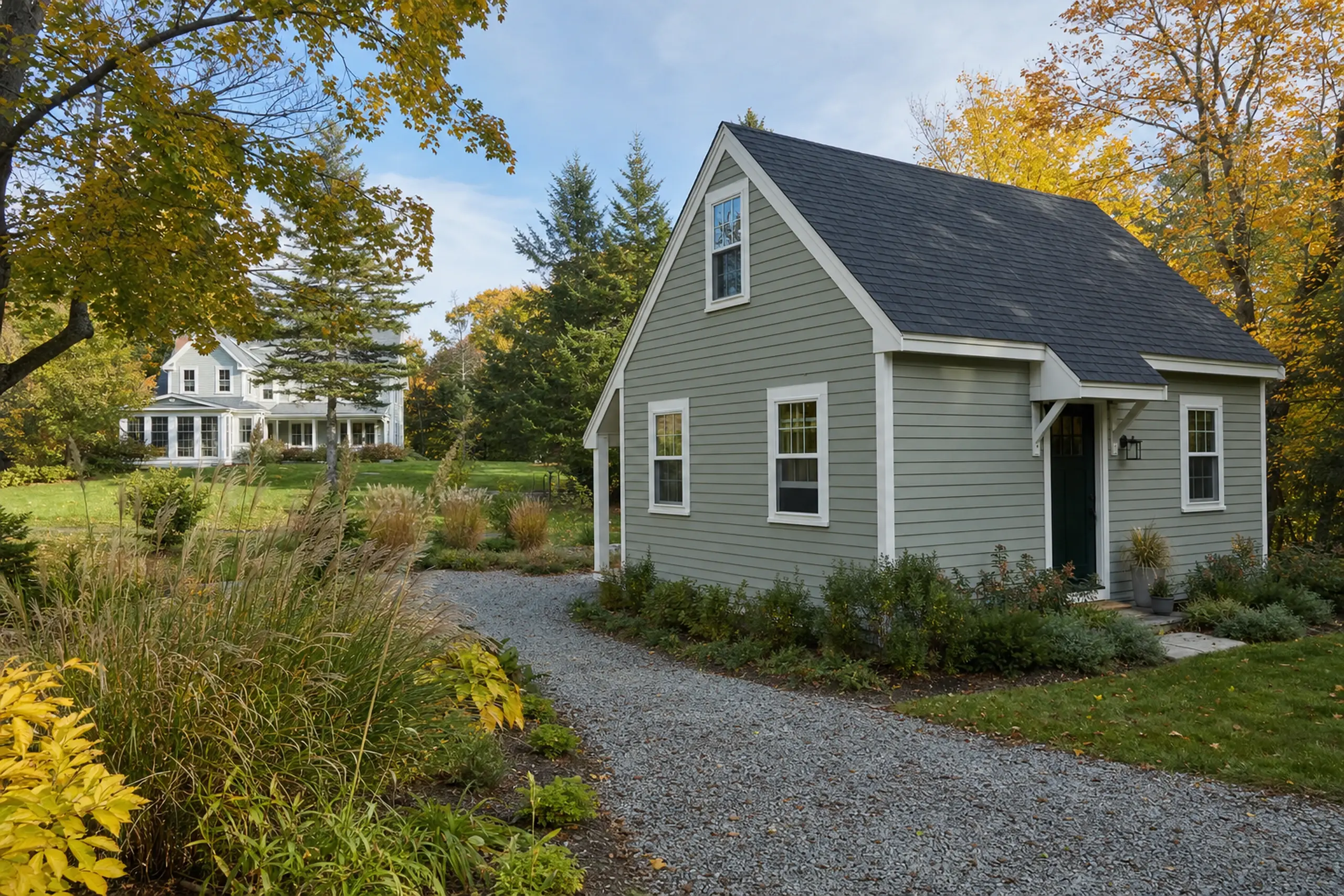 Gray house with white trim and dark roof on a gravel path surrounded by green and yellow foliage.