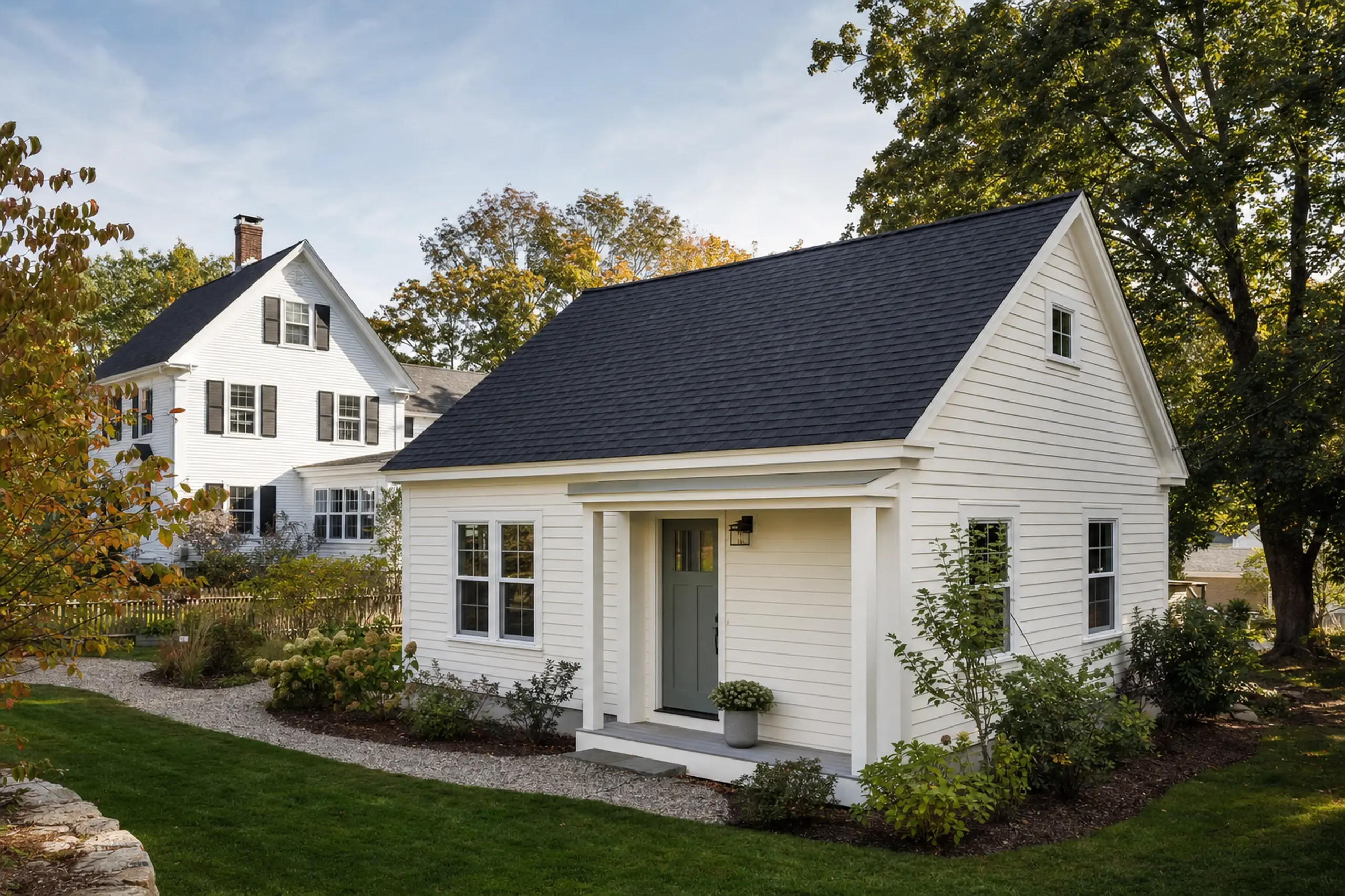 ADU builders in Hollis, ME: White small house with dark roof and green door in a garden setting with trees and grass.