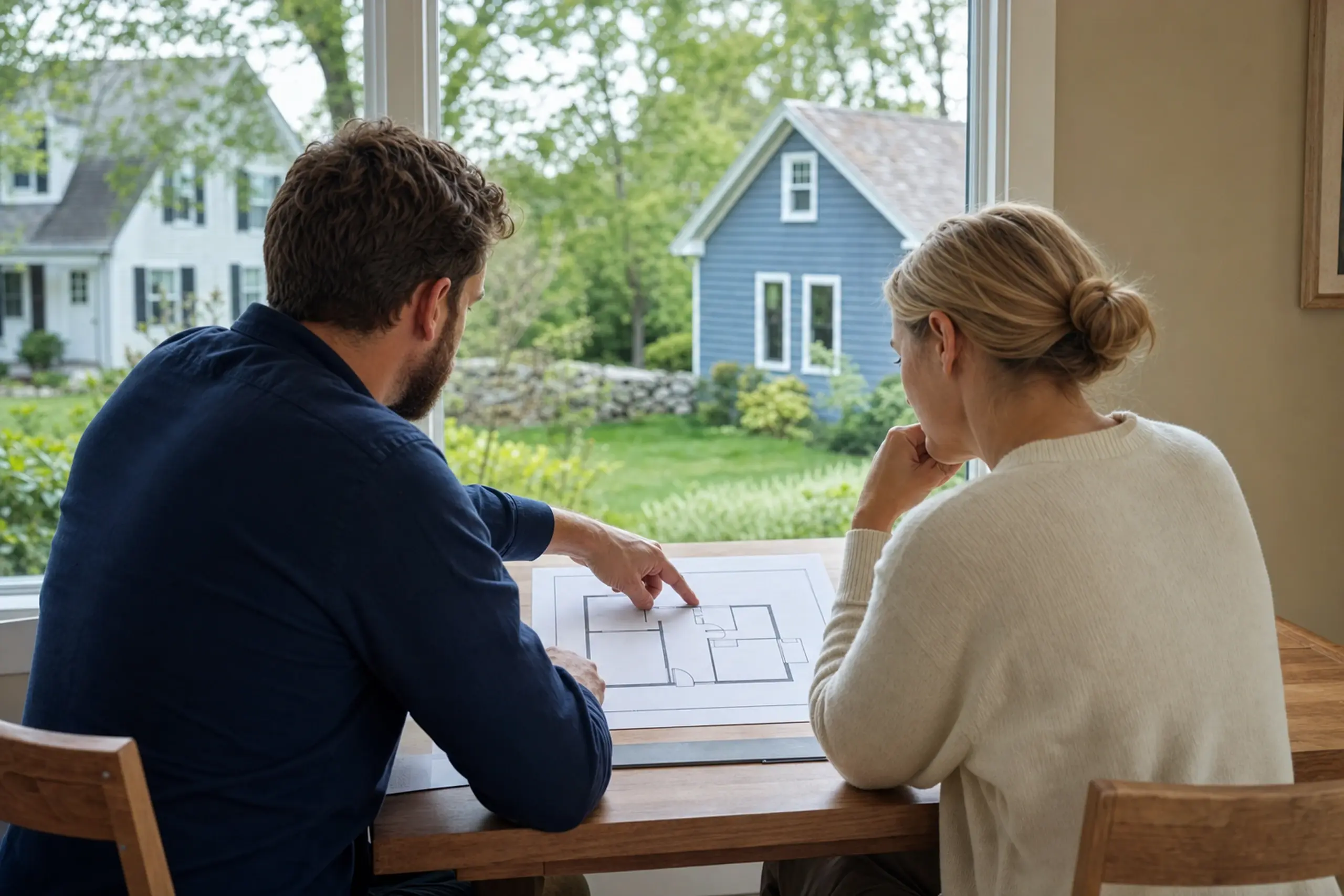 Two people sit at a wooden table inside, looking at a floor plan with houses visible outside.