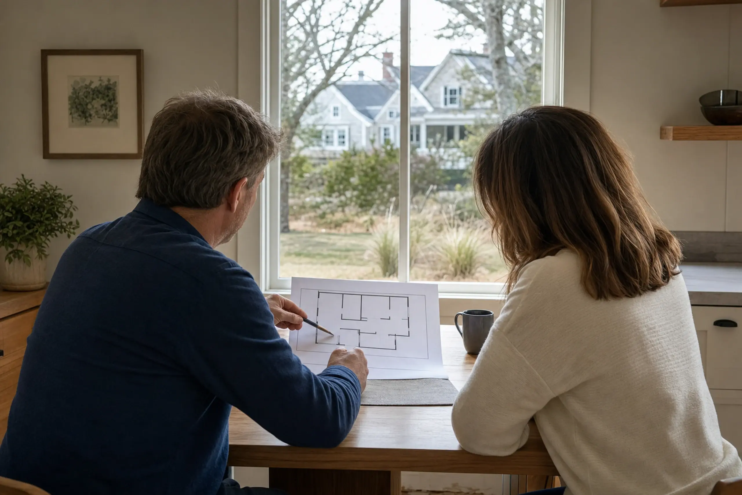 Two people sit at a wooden table inside a room, looking at a floor plan near a window.