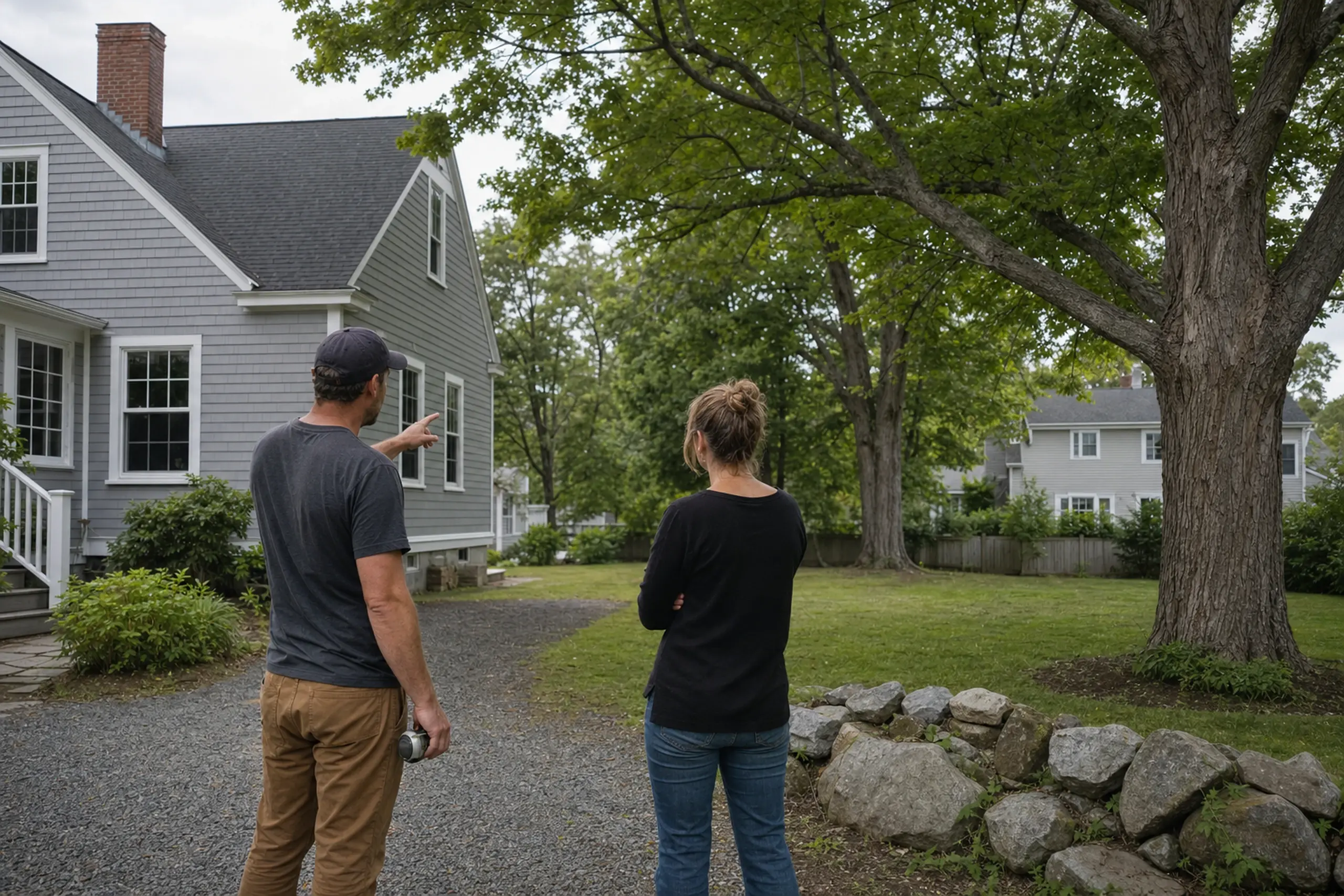 Two people stand on a gravel path near a gray house with white trim and green trees.