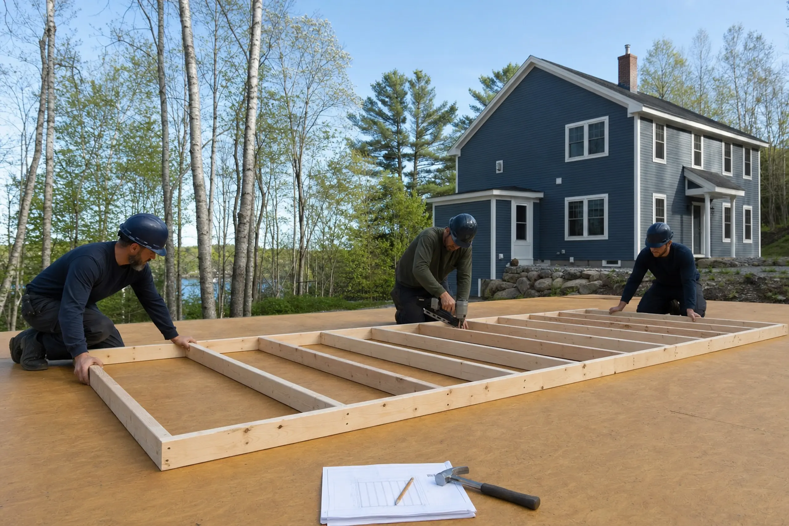Three workers in helmets assembling a wooden frame on a brown surface near a blue house in a wooded area.