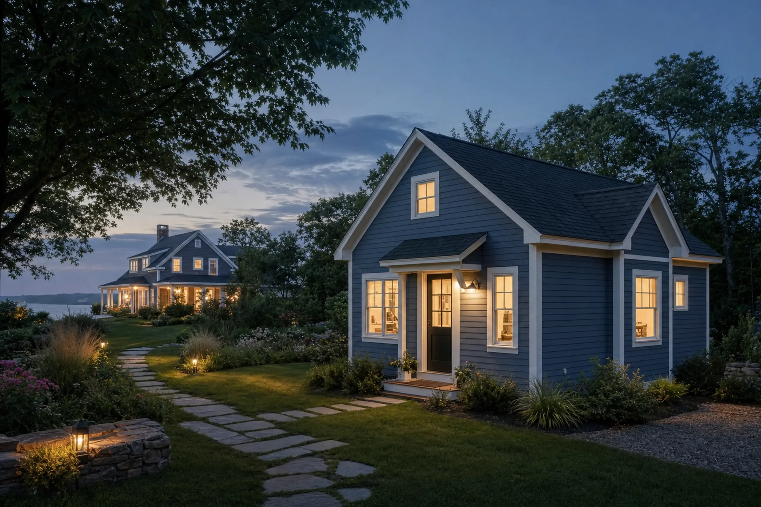 Blue house with white trim lit warmly at dusk, surrounded by greenery and a stone path.