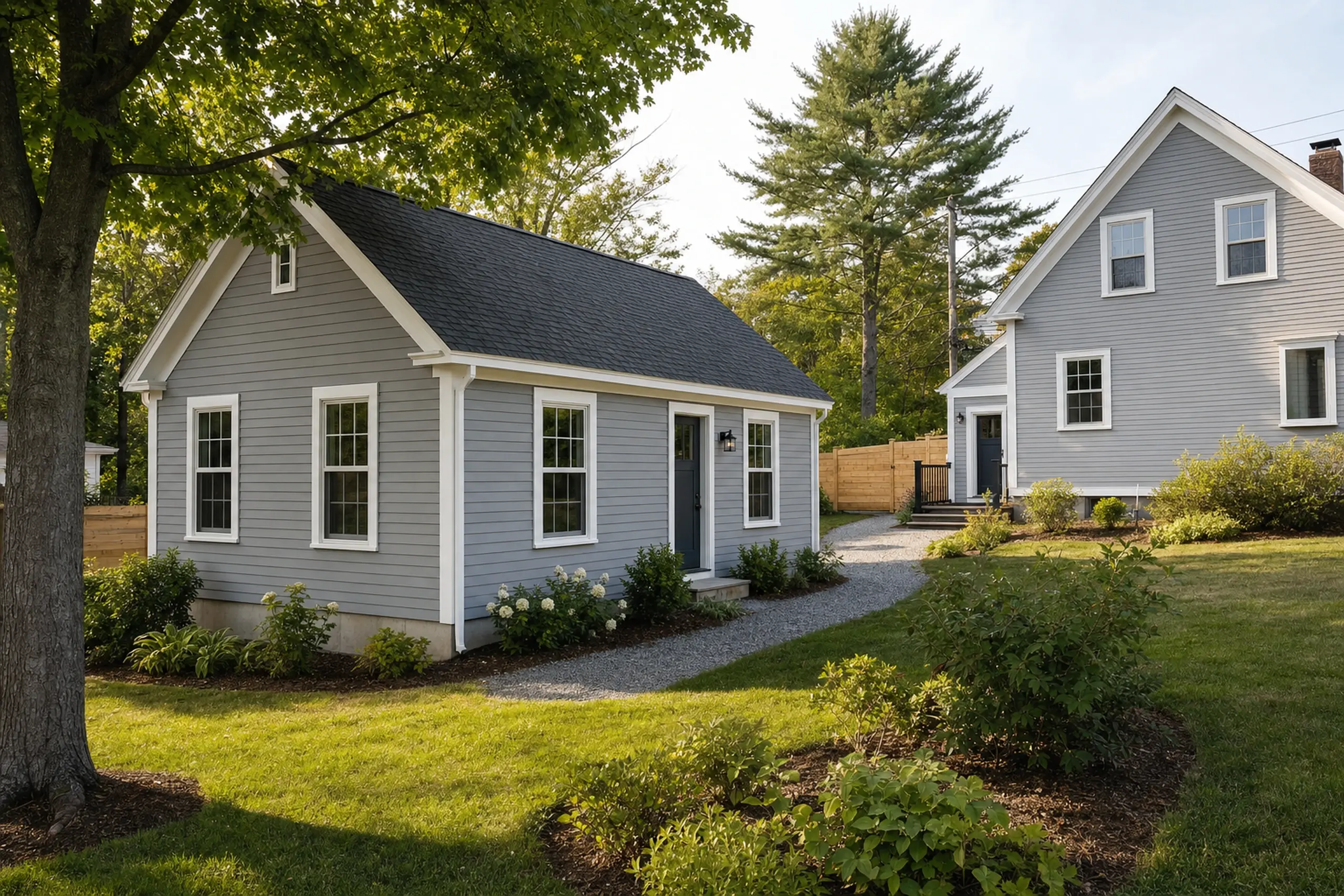 Two gray houses with white trim in a green yard with trees and bushes on a sunny day.