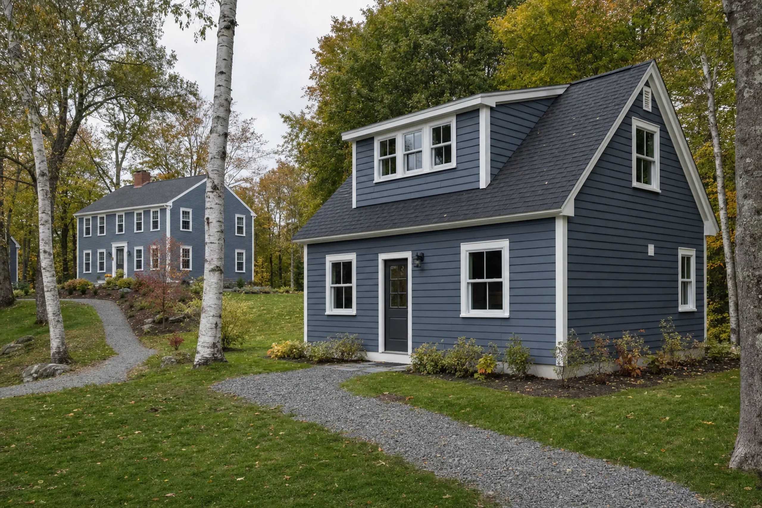 Two blue houses with white trim in a green yard with trees and gravel paths.
