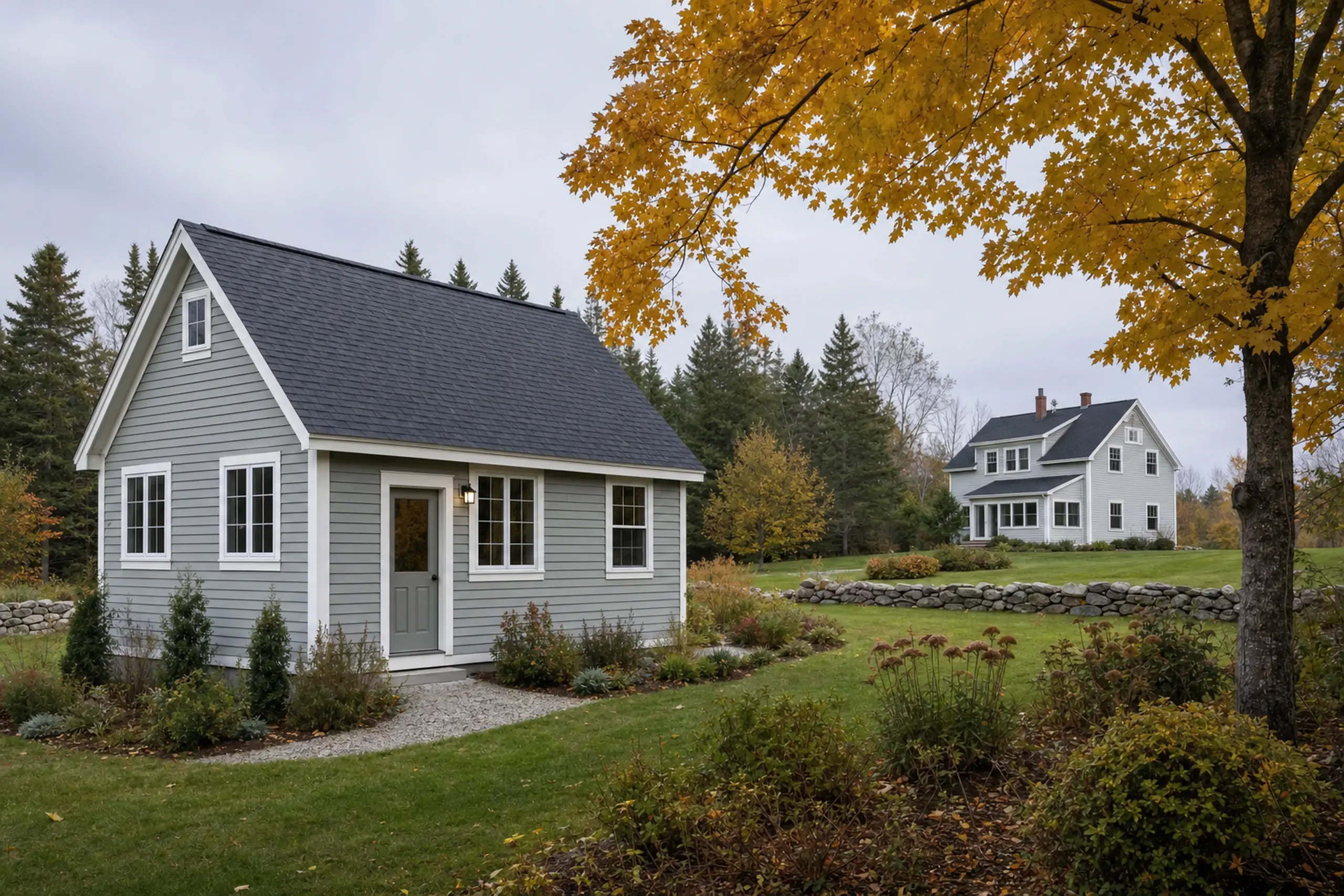 Two gray houses with white trim in a grassy yard with autumn trees and stone walls.
