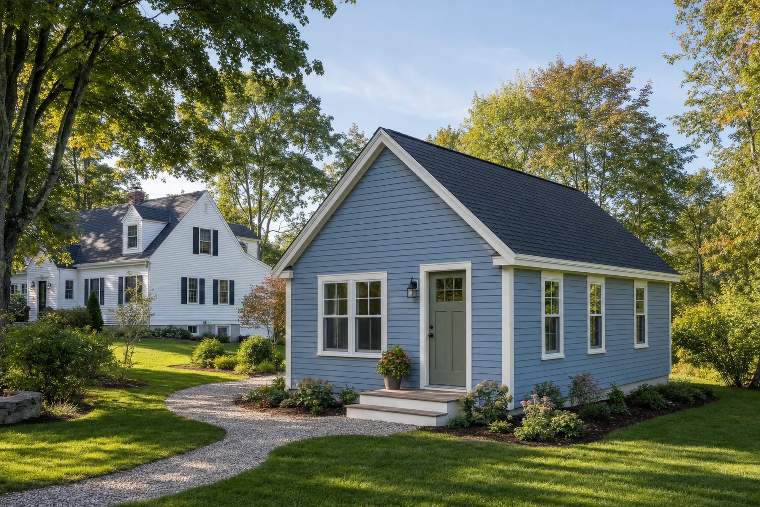 ADU builders in Lyman, ME: Blue single-story house with white trim and green door in a green yard with trees.