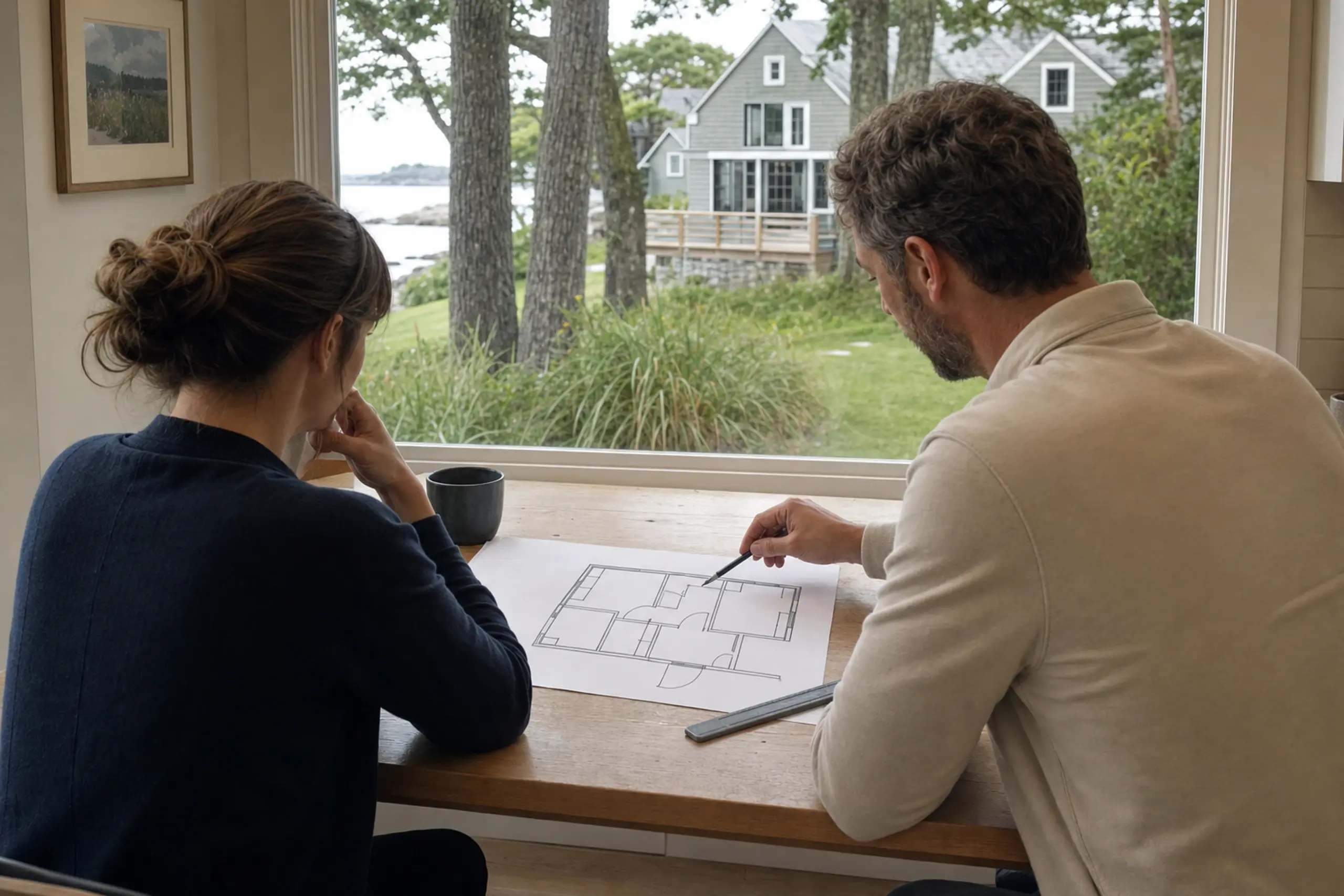 Two people sit at a wooden table inside, looking at a floor plan with a gray house visible outside.