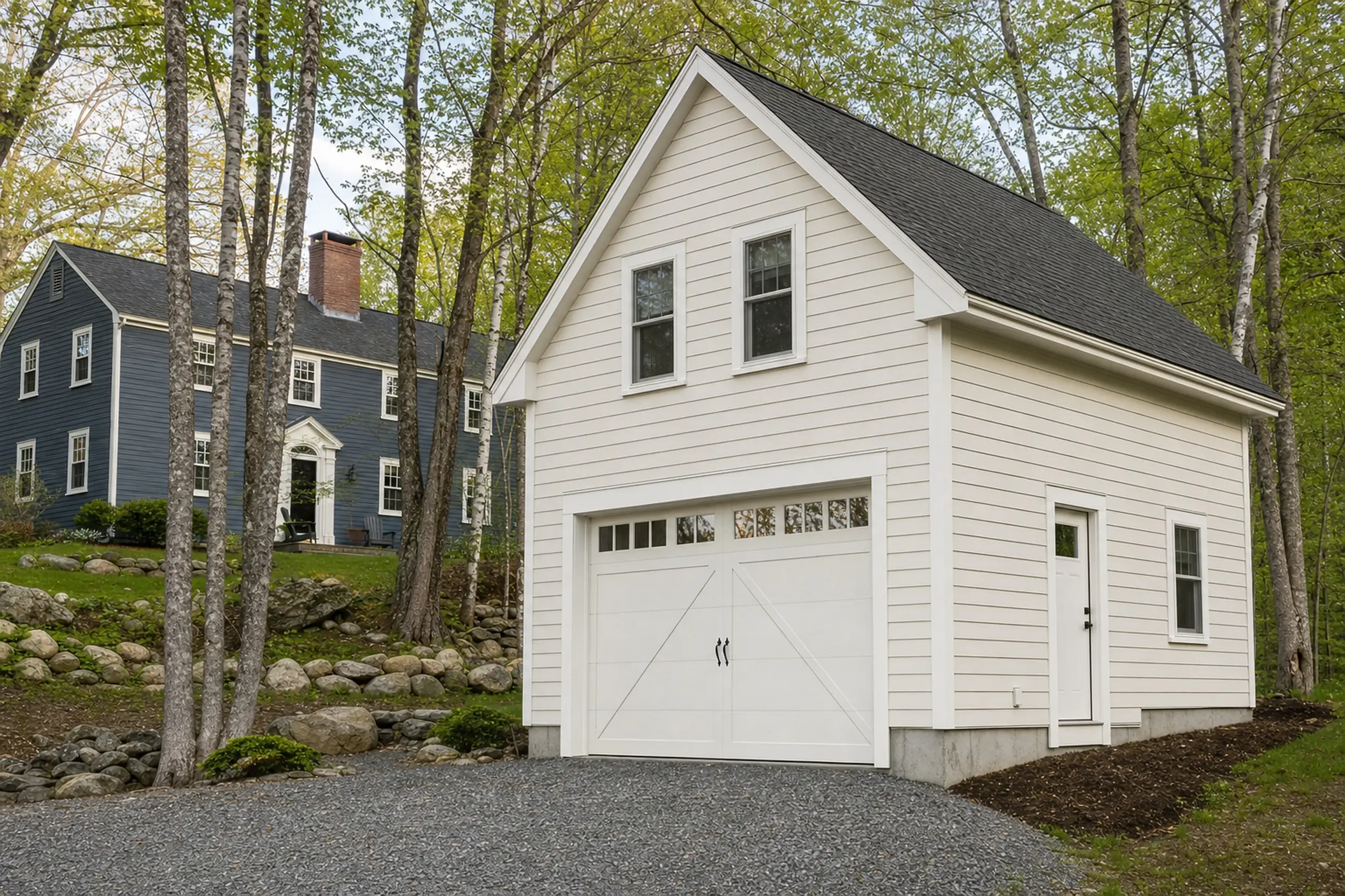 White garage with black roof and closed door beside a blue house in a wooded area.