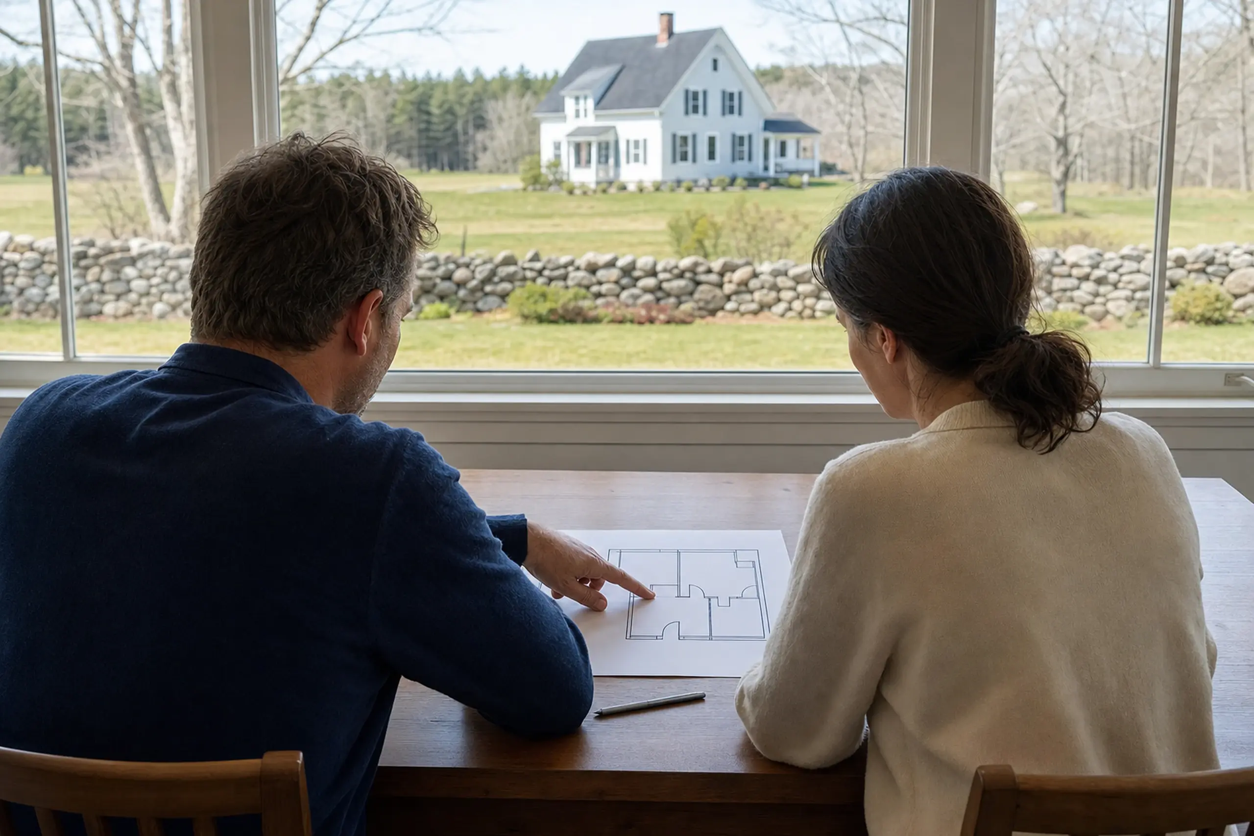 Two people sit at a wooden table looking at a floor plan, with a white house and stone wall outside.