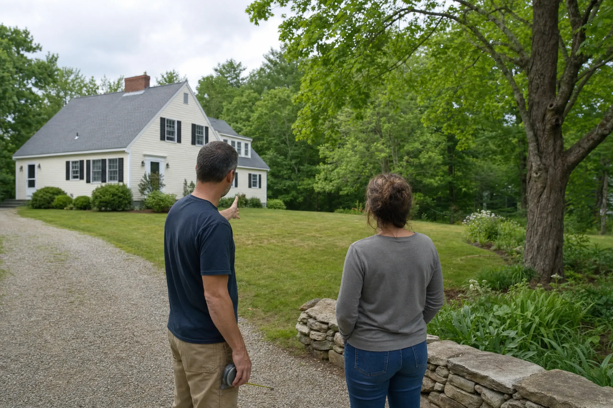 Two people stand on a gravel driveway facing a cream house with black shutters surrounded by greenery.