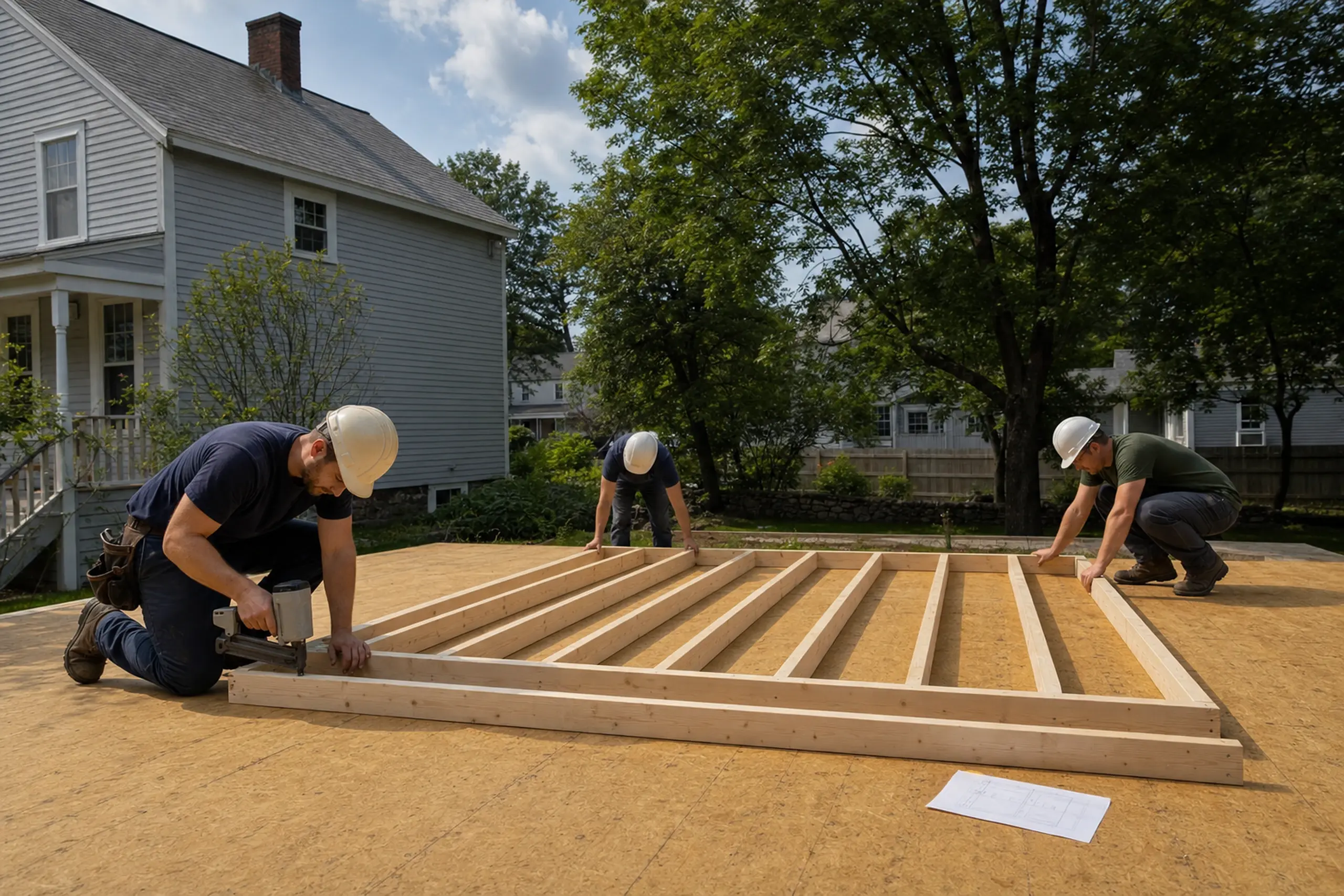 Three workers in helmets assembling a wooden frame on a plywood floor outside a gray house.