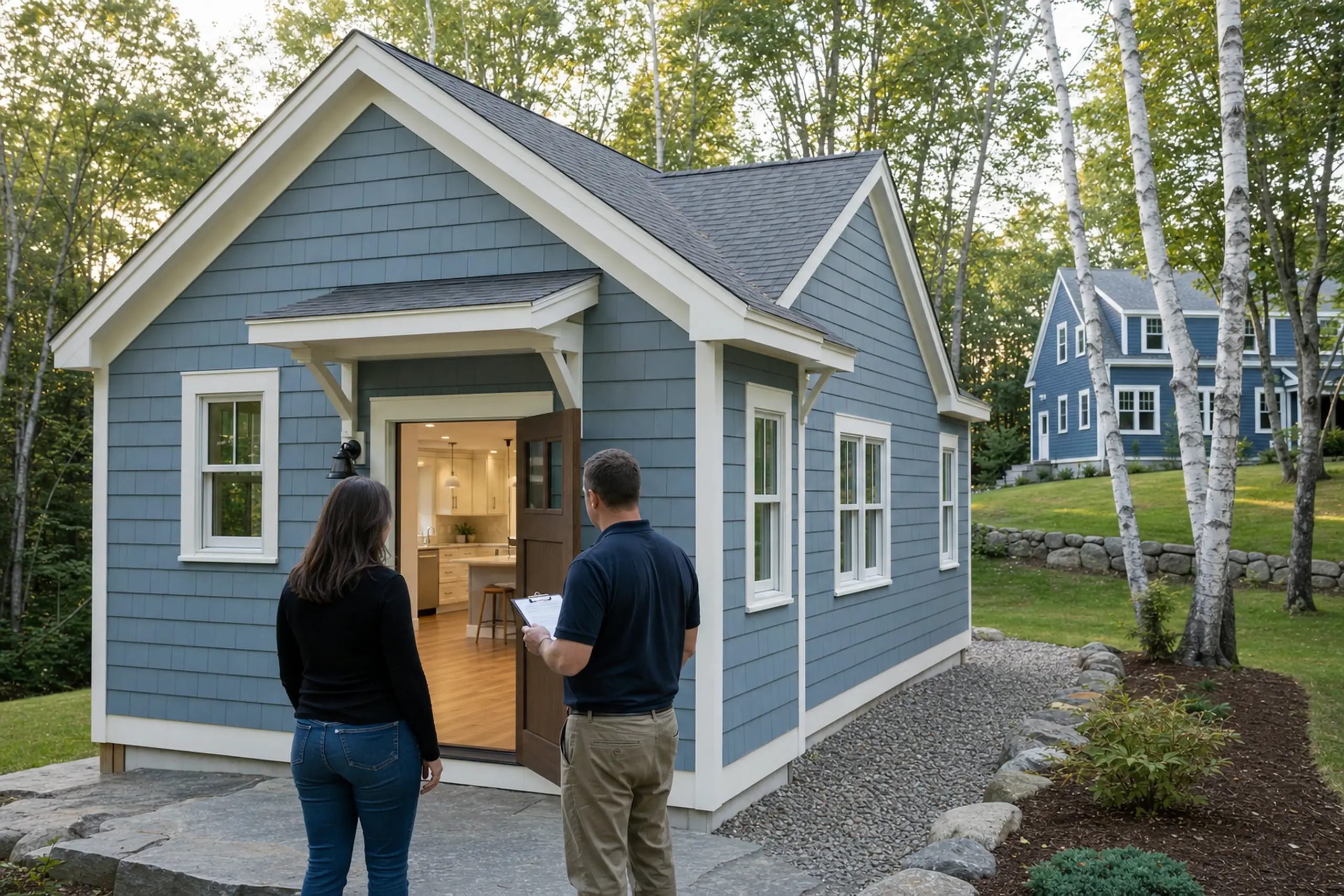 Blue house with white trim in a wooded setting, two people standing near the open door.