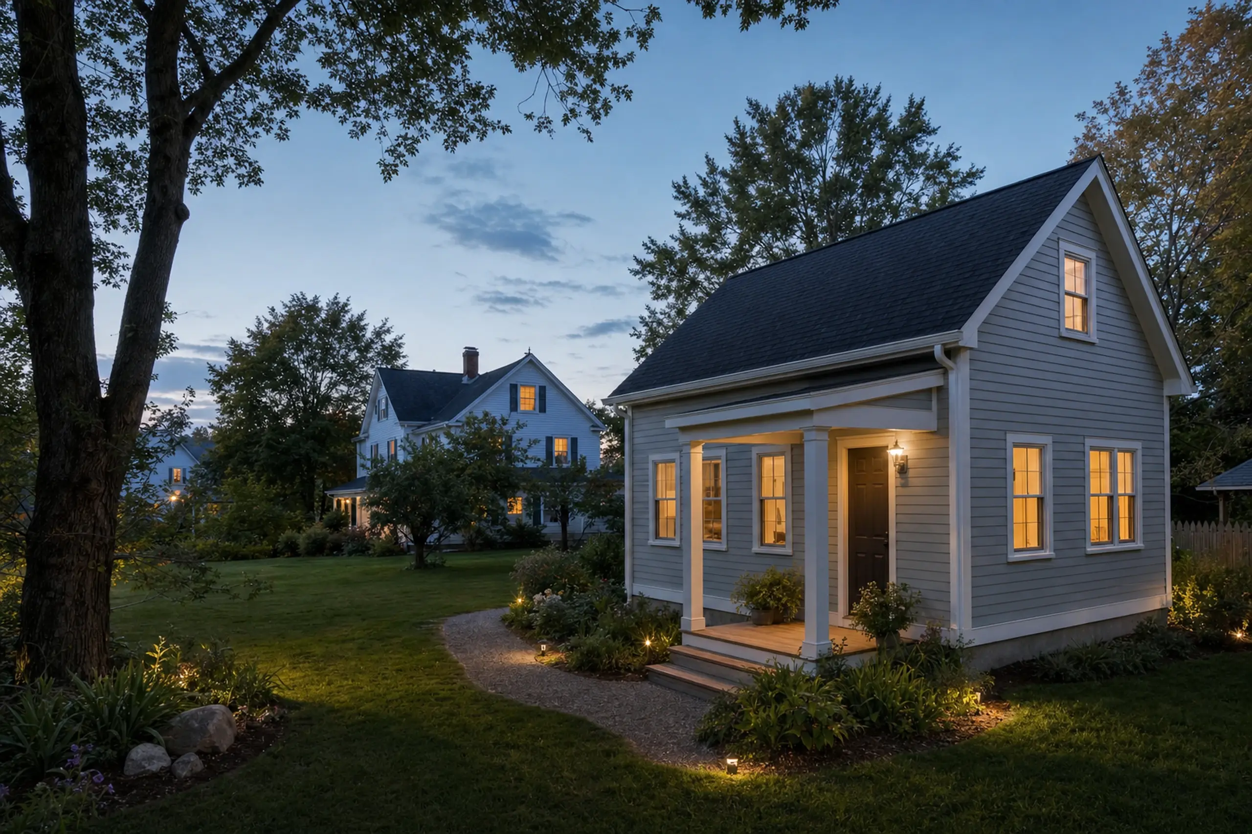 Two gray houses with lit windows in a grassy yard at dusk with trees and a stone path.