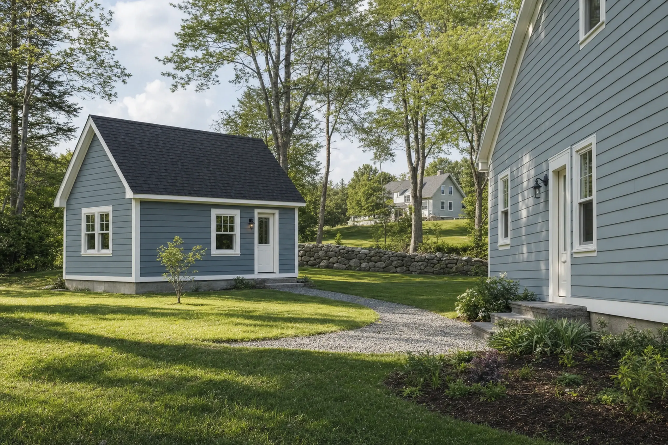 Two blue buildings with white trim in a grassy yard with trees and a stone wall.