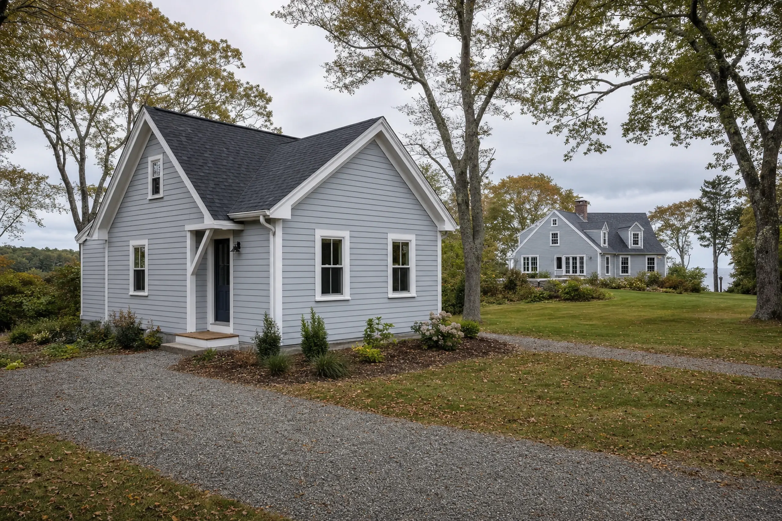 Two light blue houses with white trim in a grassy, tree-filled yard under a cloudy sky.