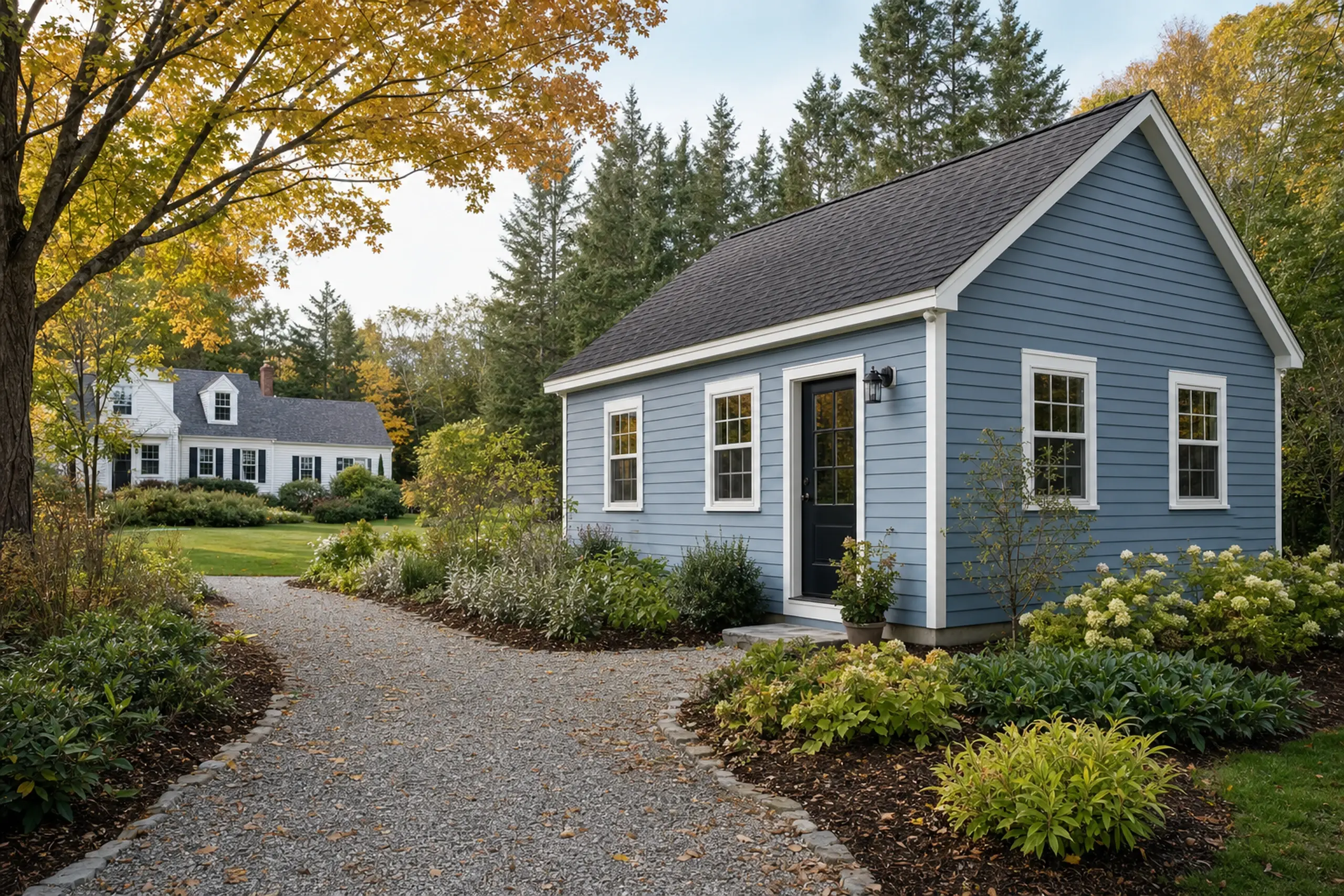 Blue single-story house with white trim and black door, surrounded by garden and trees.