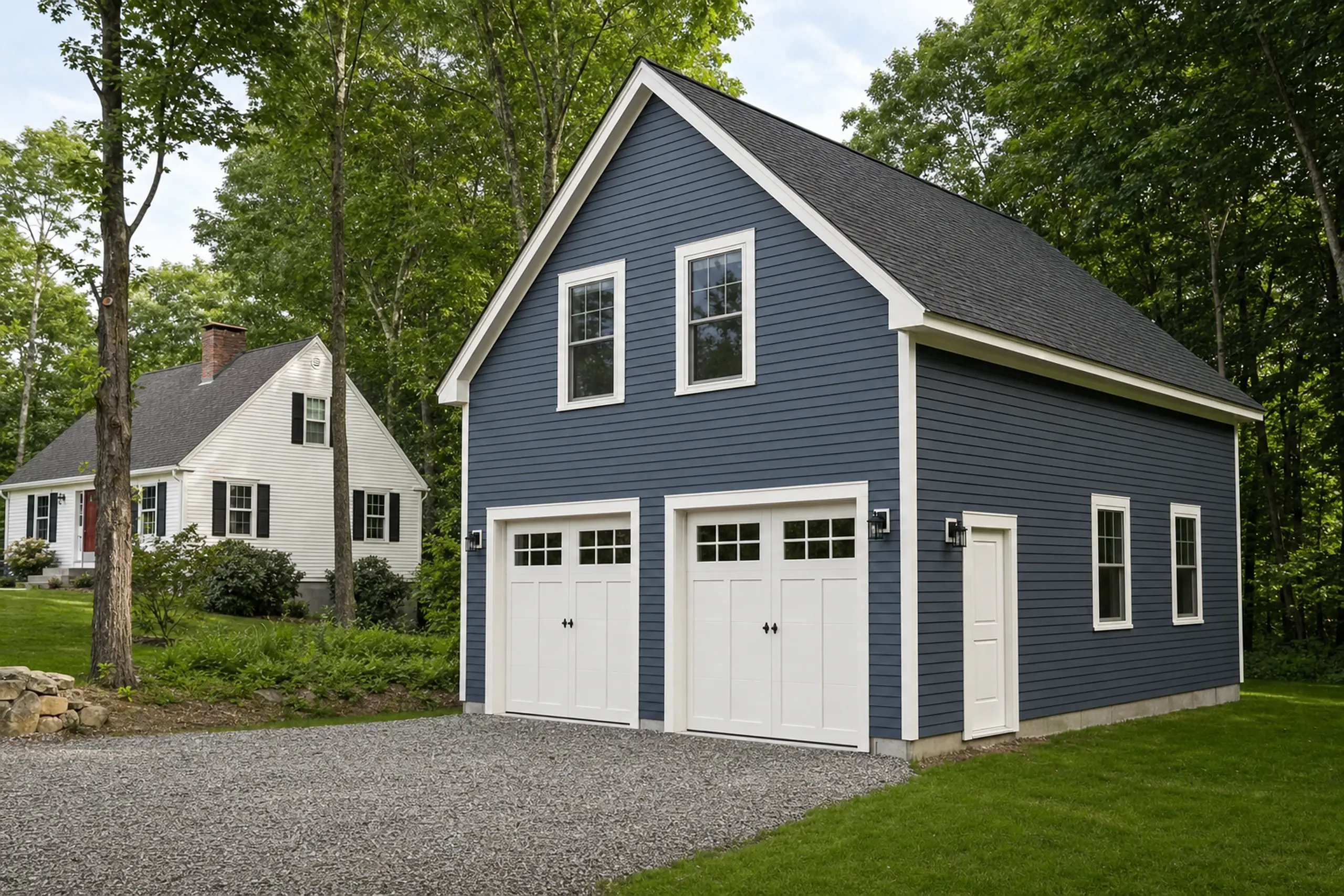 Blue two-car garage with white doors and trim, set on a gravel driveway near a white house and trees.