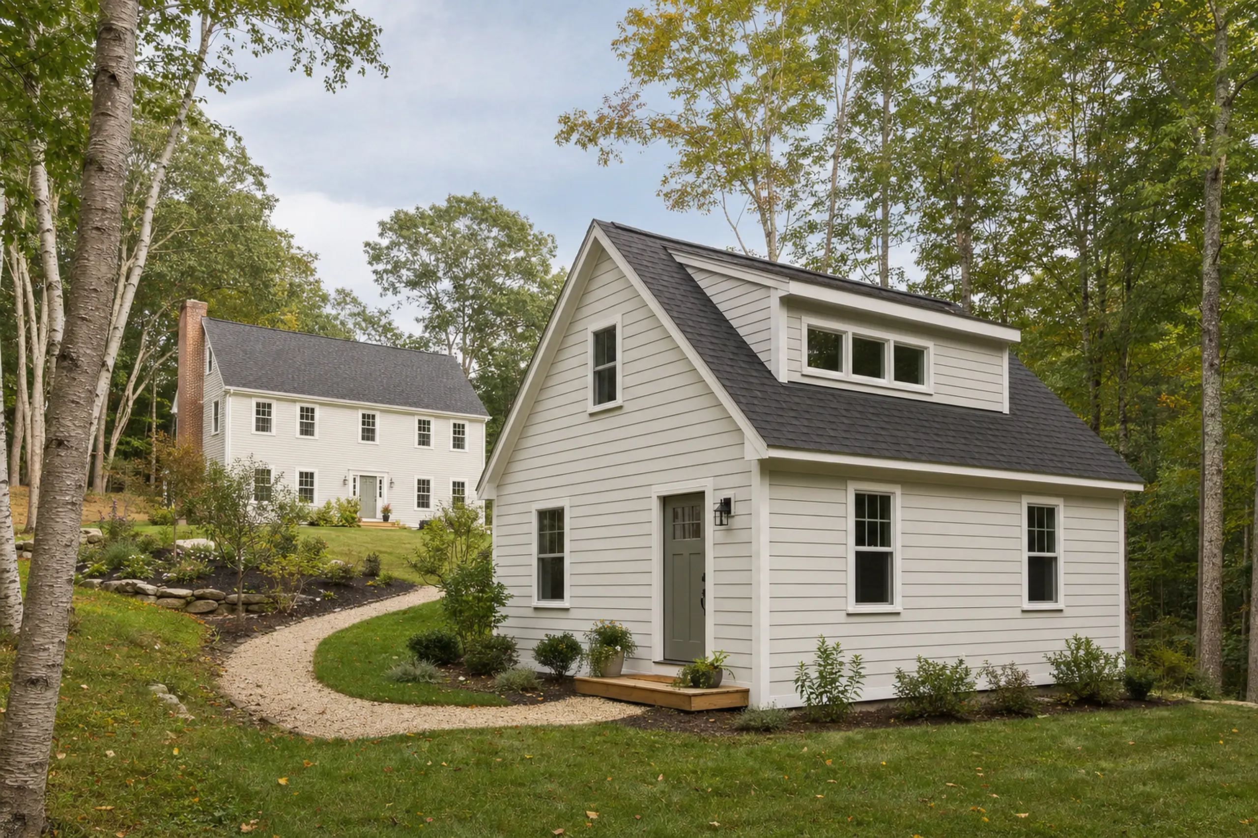 ADU builders in New Gloucester, ME: Two white houses with gray roofs in a green wooded setting connected by a curved gravel path.