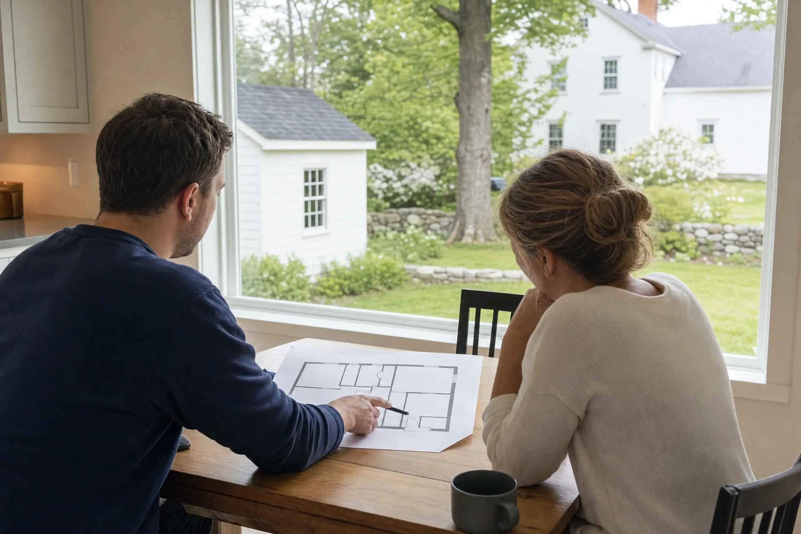 Two people sit at a wooden table inside, looking at a floor plan with white buildings visible outside.