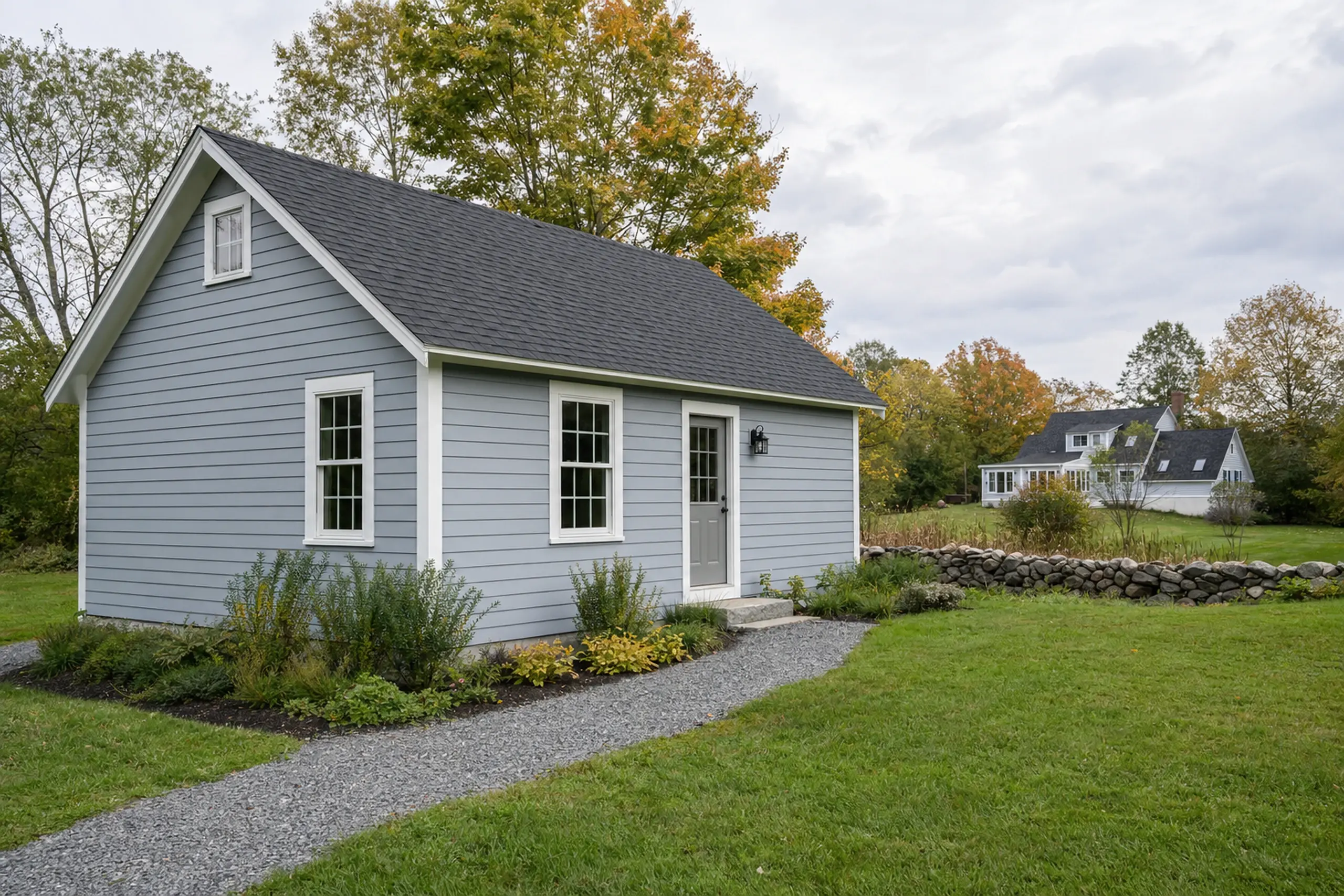 Small gray house with white trim, gravel path, green lawn, and trees in the background.