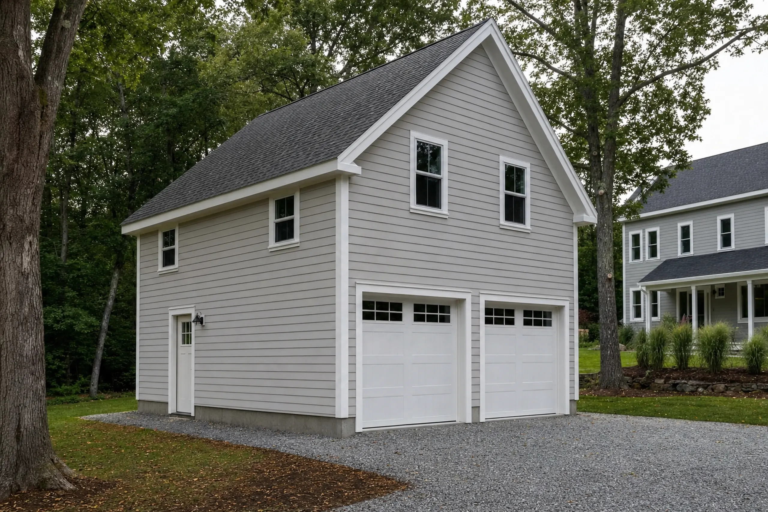Gray two-story garage with white trim and two white garage doors in a wooded setting.