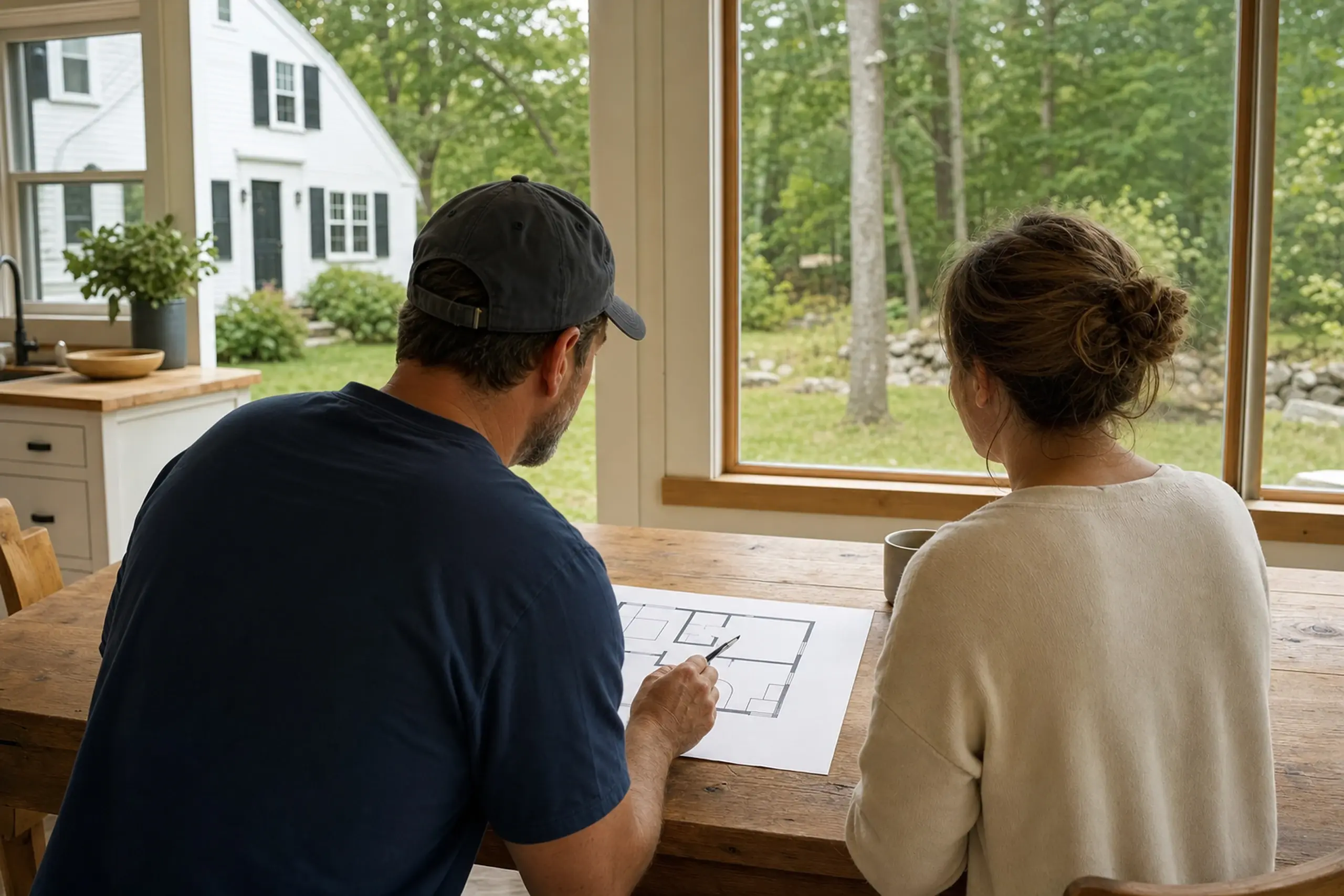 Two people sit at a wooden table inside a house with large windows showing a white house outside.