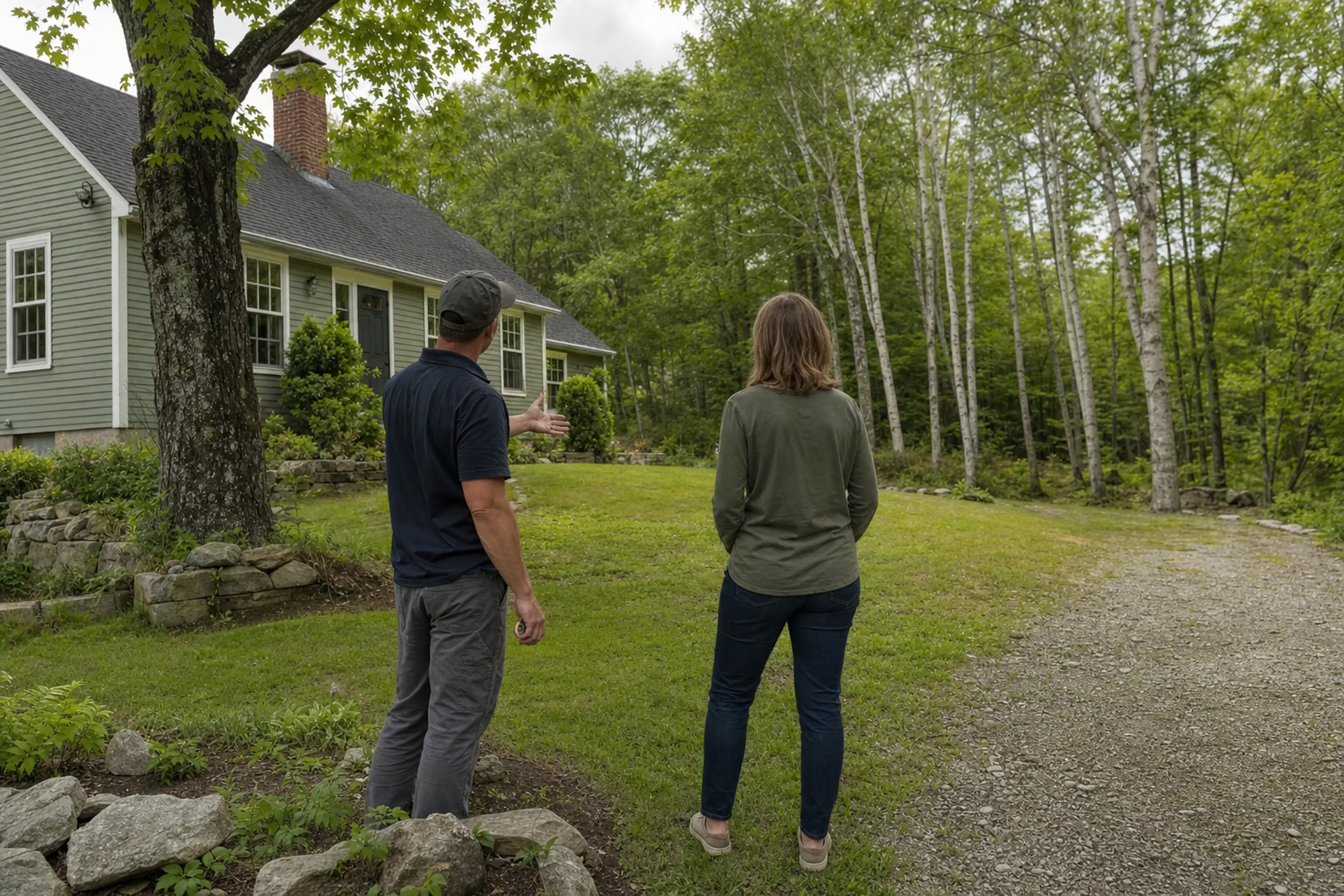 Two people stand on a gravel path facing a green house with white trim surrounded by trees.