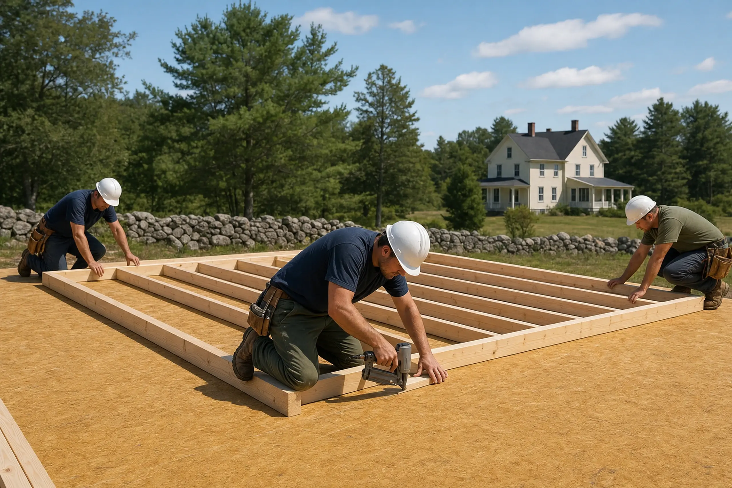 Three workers in helmets assembling a wooden frame on a yellow floor outdoors with a house in background.