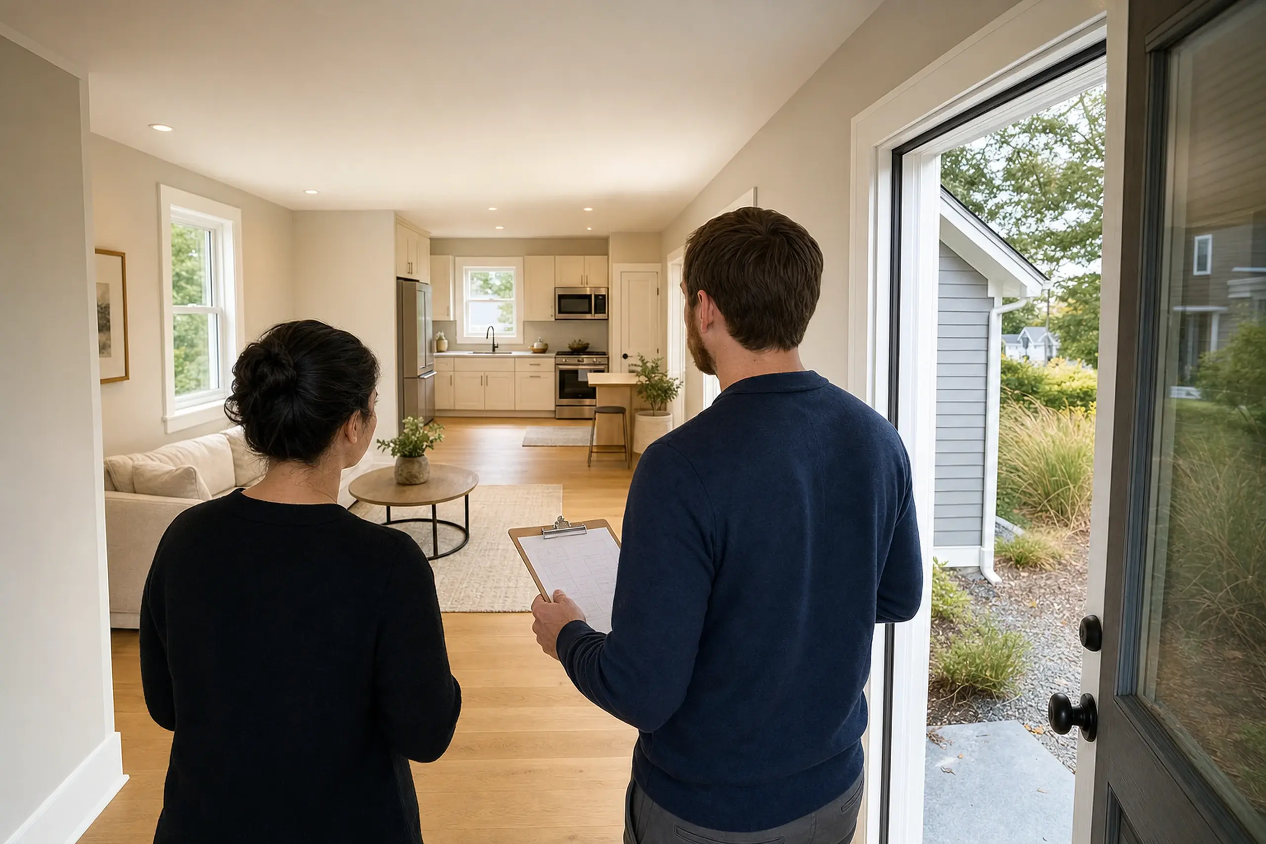 Two people view a beige kitchen and living room with wooden floors and white walls.
