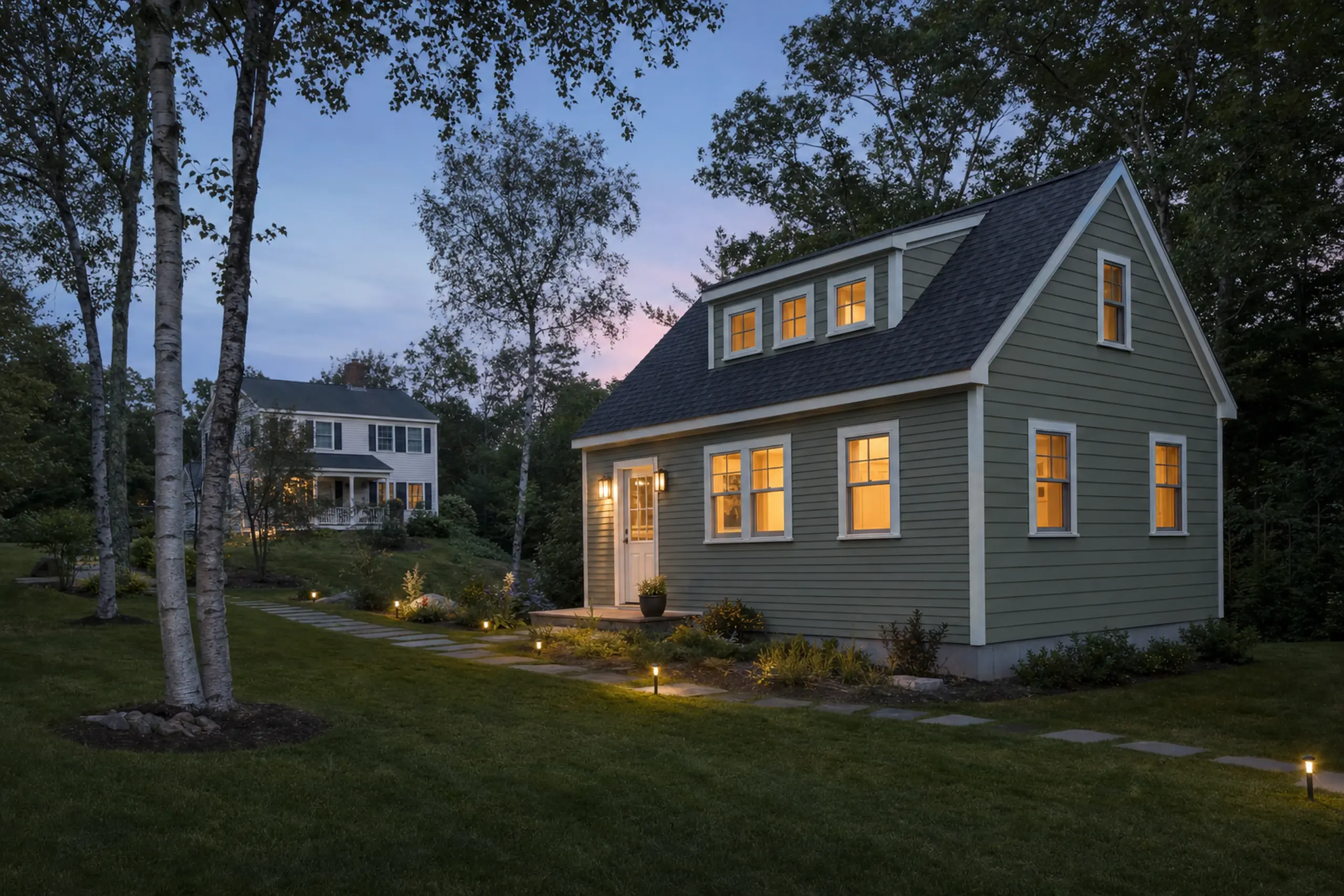 Two houses at dusk with green siding and lit windows in a grassy, tree-filled yard.