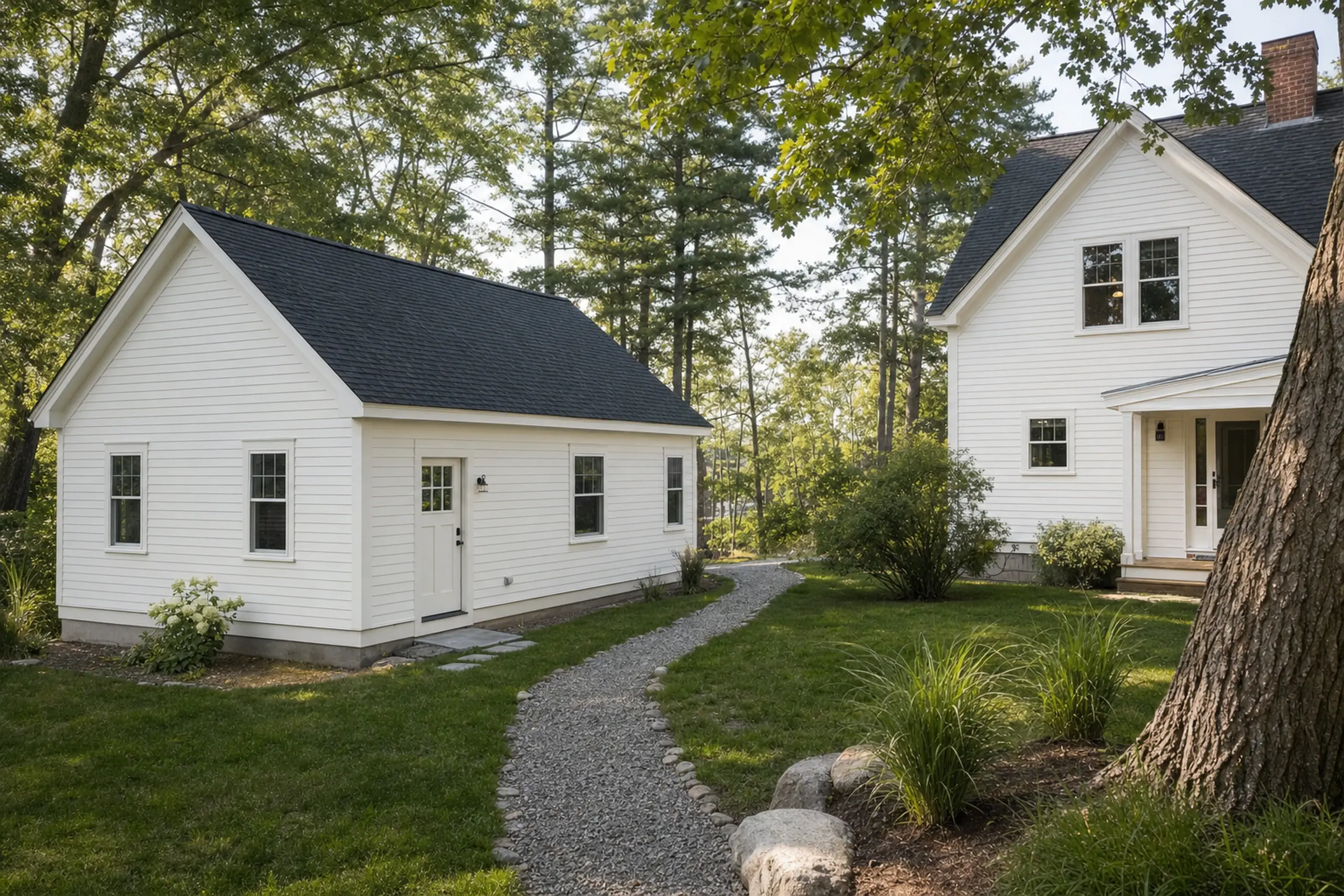 Two white buildings with black roofs connected by a gravel path in a green wooded yard.