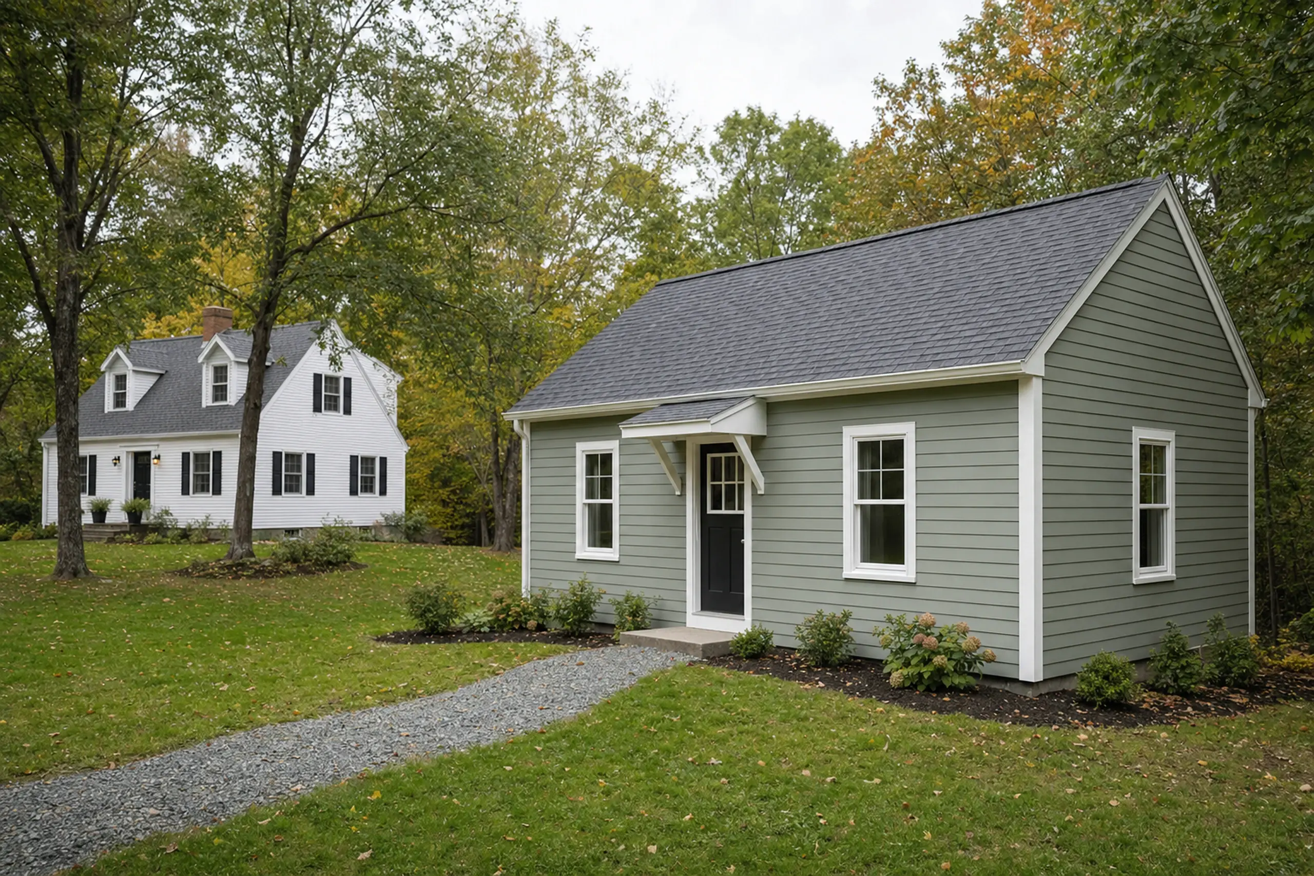 Two houses in a green yard; one gray with black door, one white with black shutters.