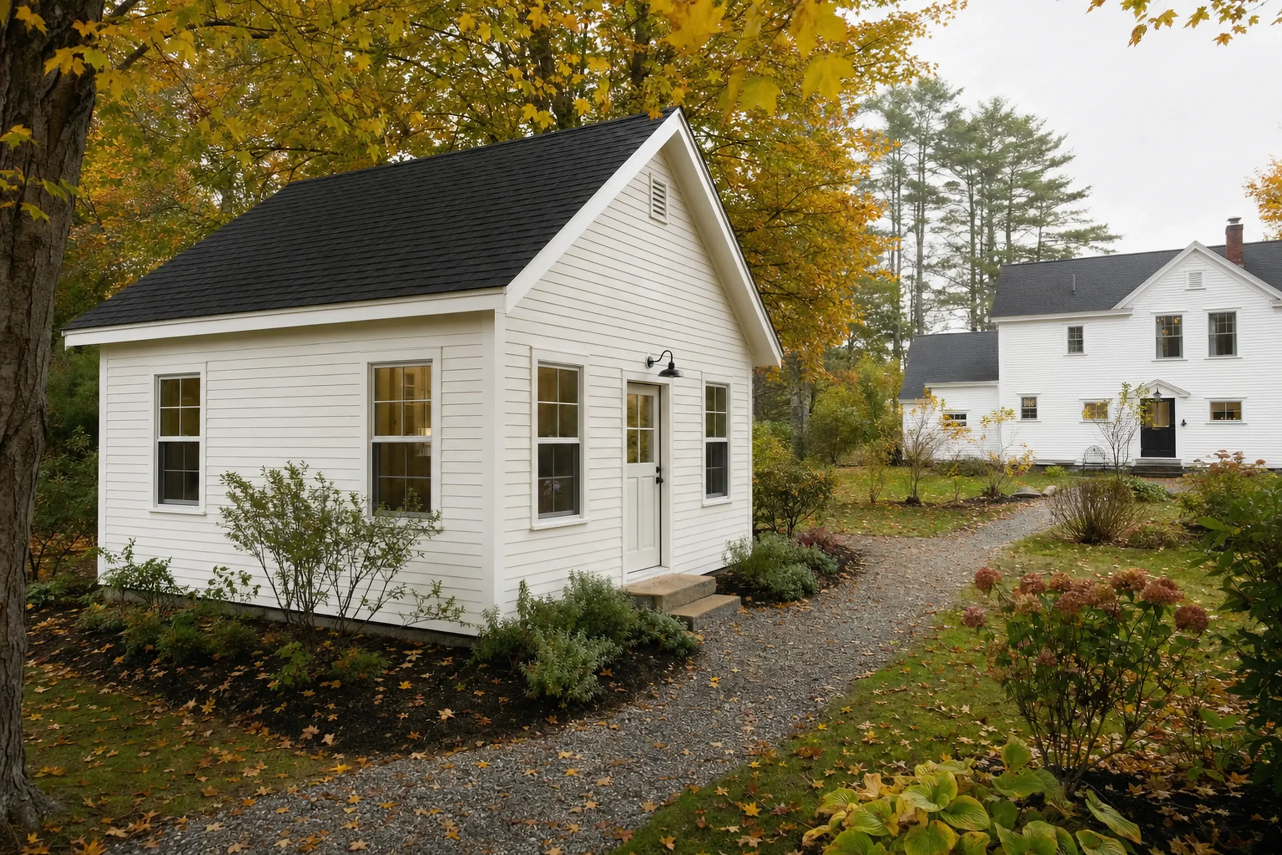 White small house with black roof in autumn garden setting with gravel path and trees.