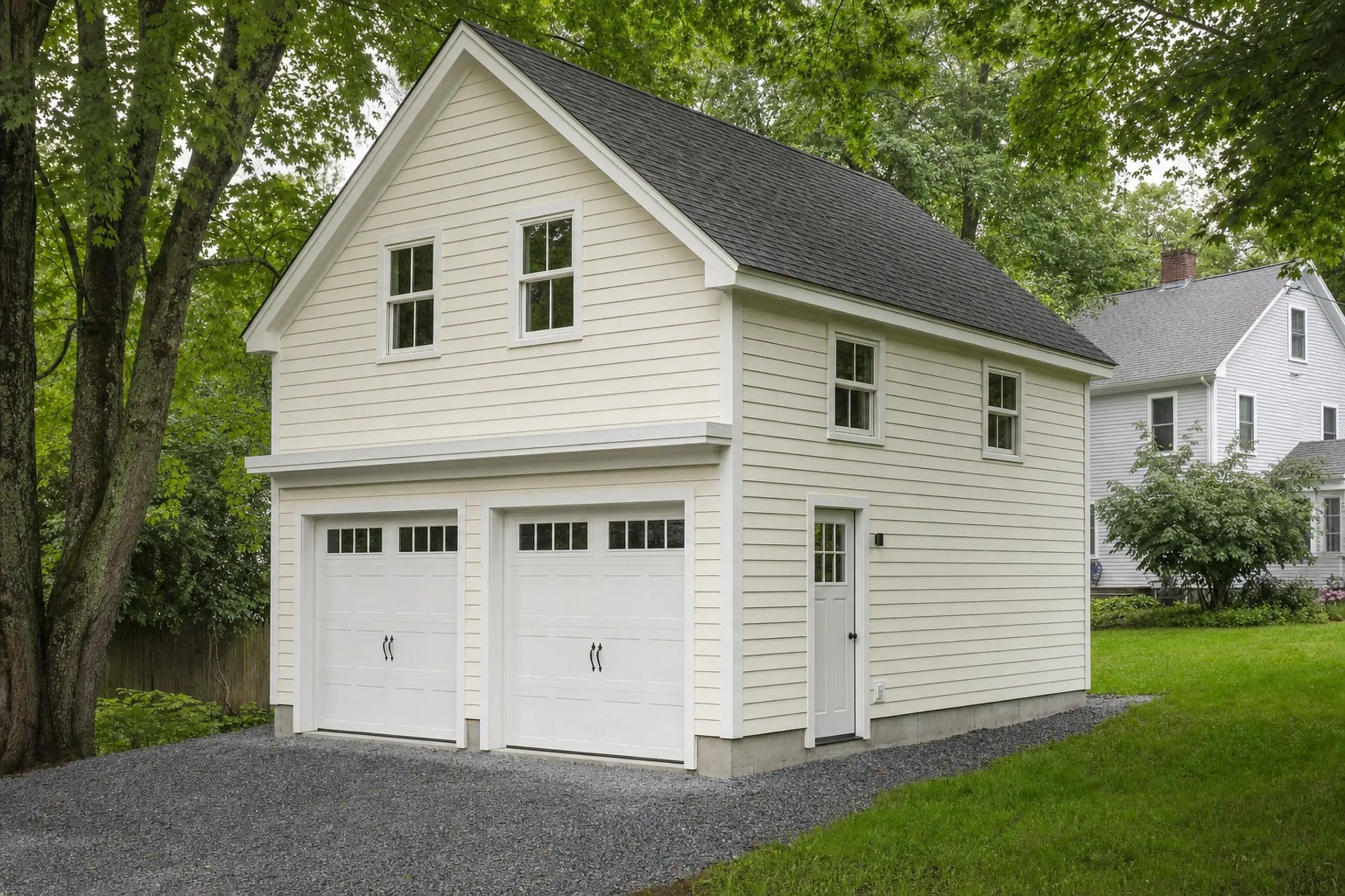 White two-car garage with black roof in a green leafy suburban setting.
