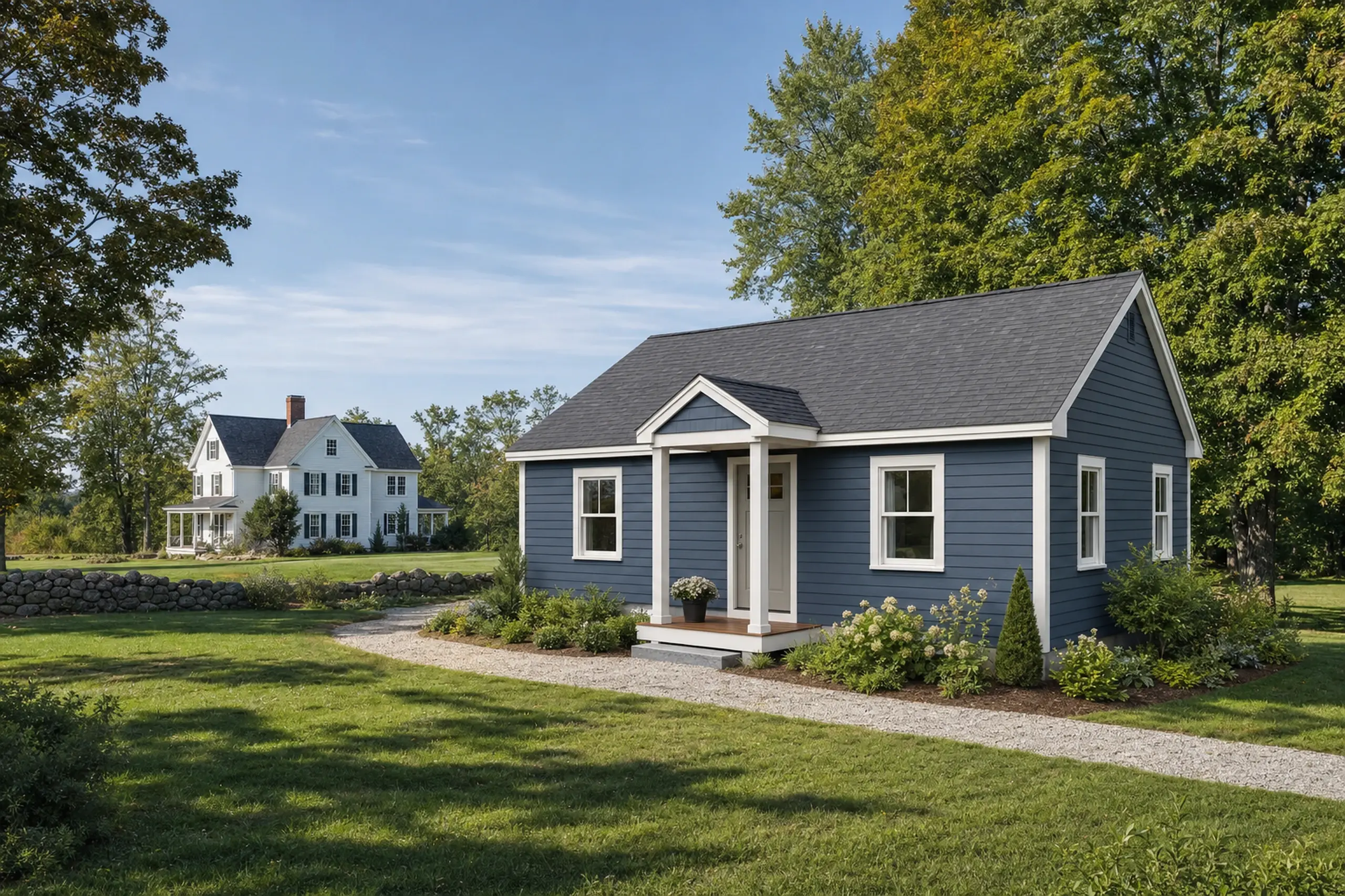 ADU builders in North Yarmouth, ME: Blue single-story house with white trim in a grassy yard with trees and a white house in background.