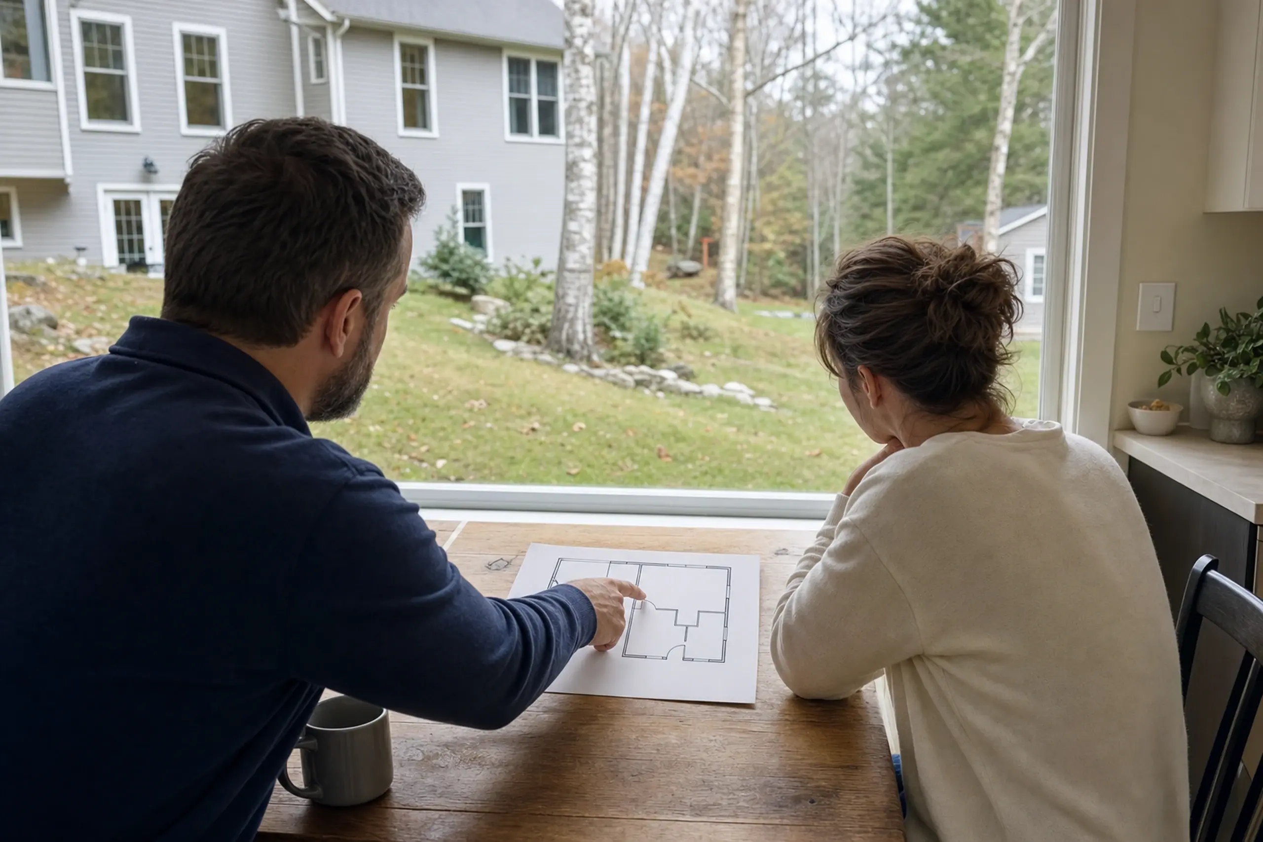 Two people inside a house looking at a floor plan with a gray house and trees outside.