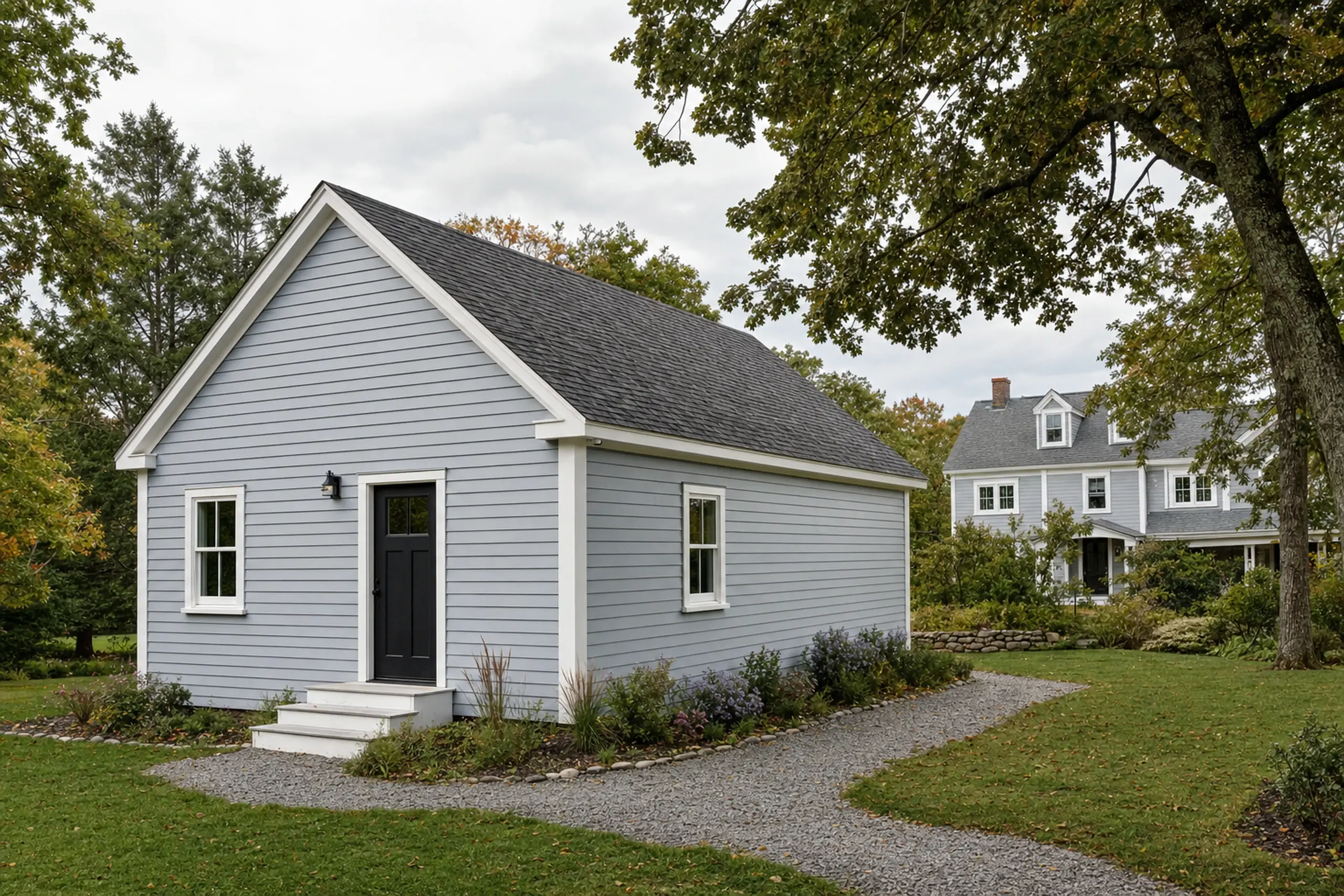 Small light blue house with black door and white trim in a green yard with trees.