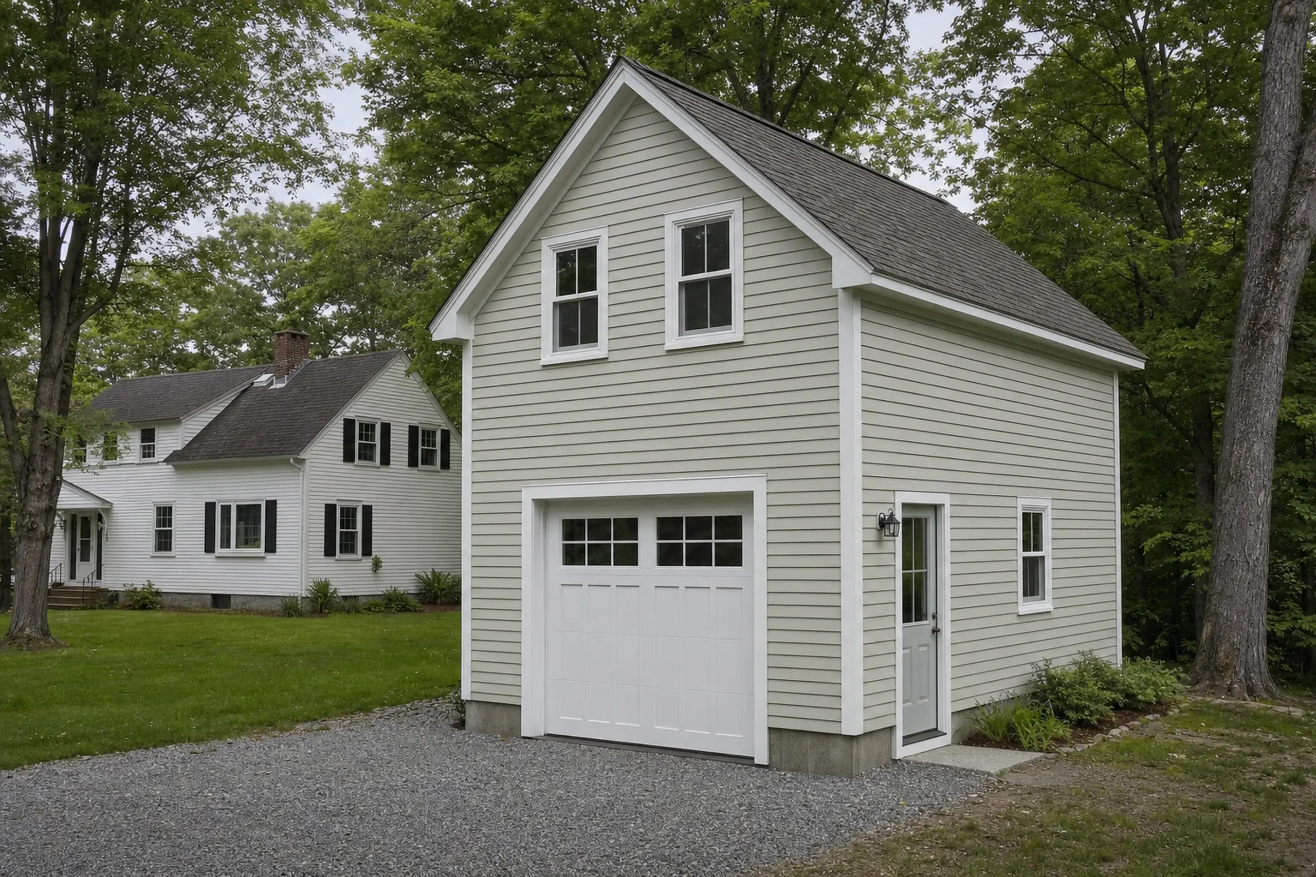 Light gray two-story garage with white trim and a white door in a green wooded setting.
