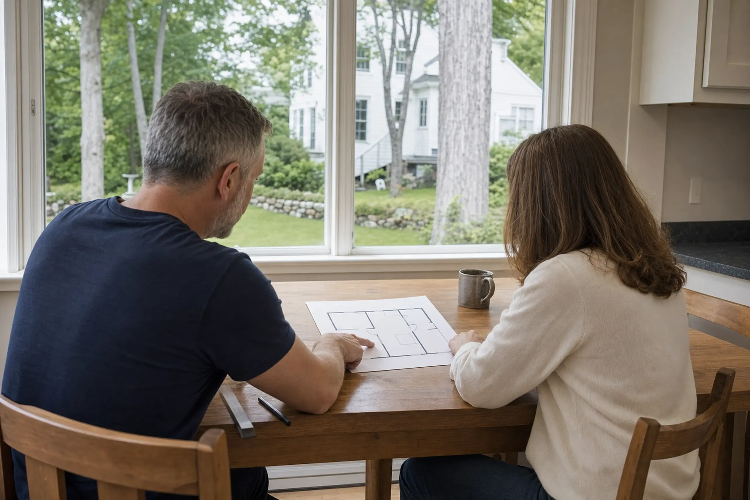 Two people sitting at a wooden table inside a house with a white building visible outside the window.
