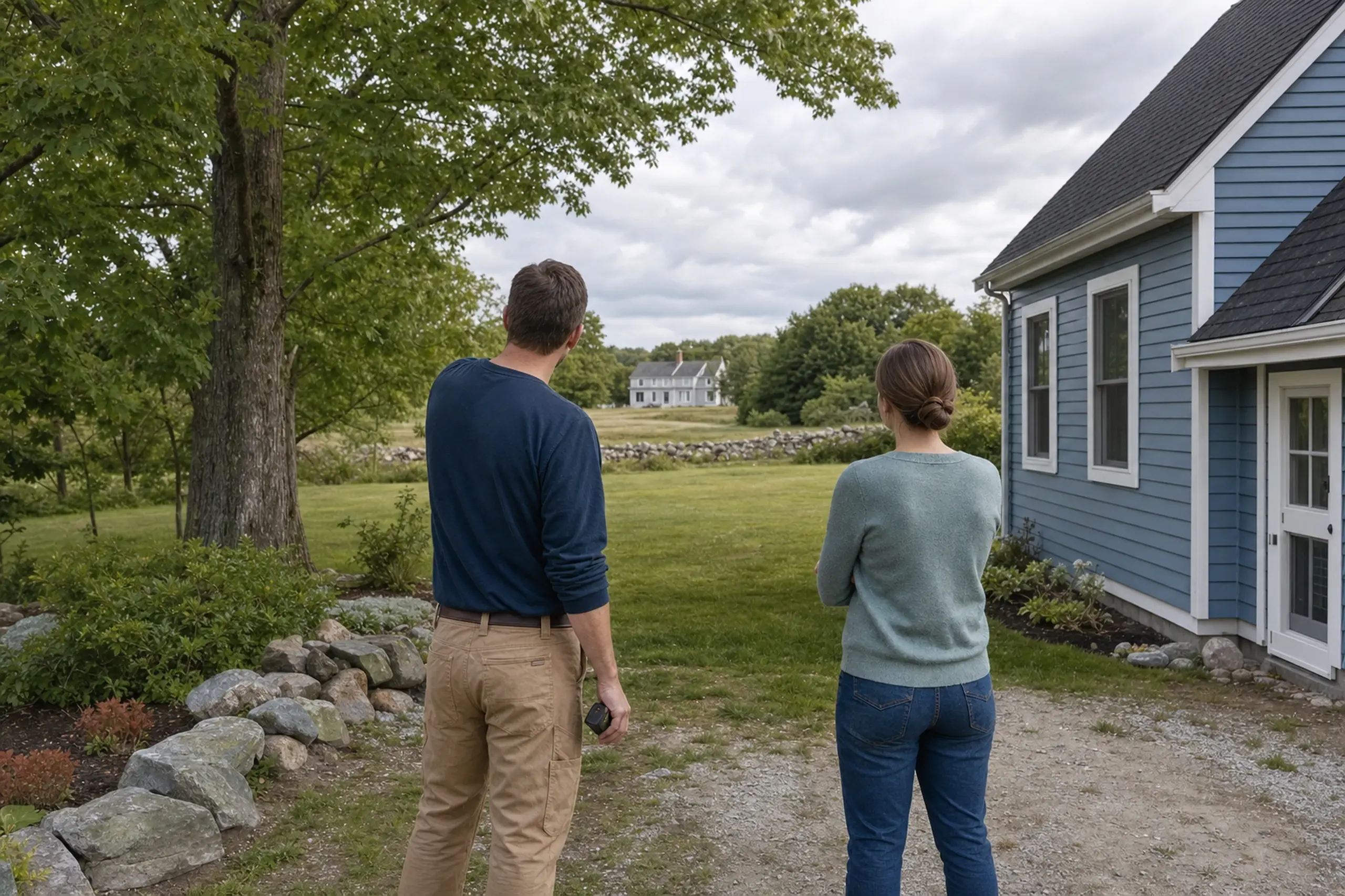 Two people stand on a gravel path near a blue house with white trim, facing a green field.
