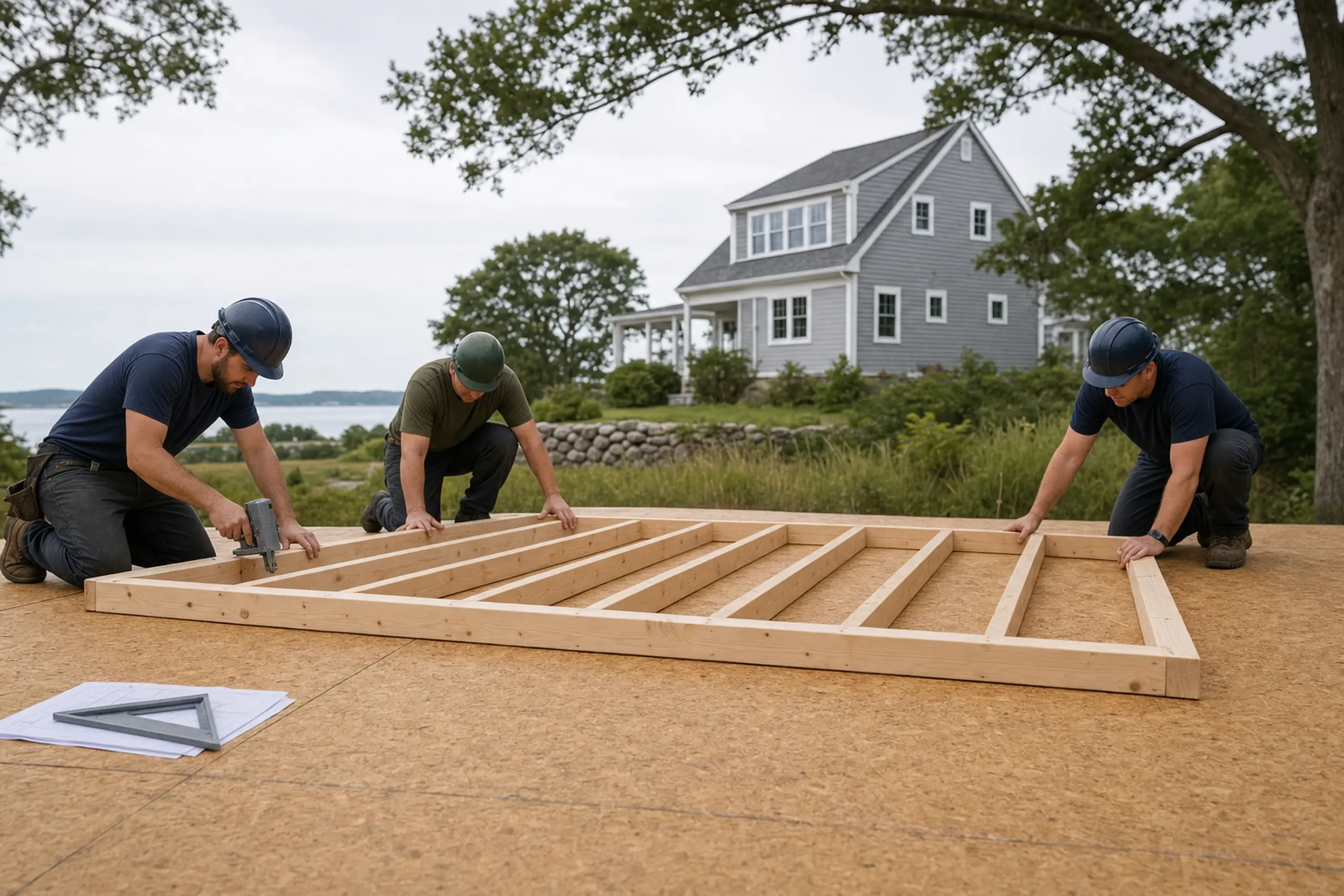Three men in helmets assembling a wooden frame on a plywood surface outdoors near a gray house.